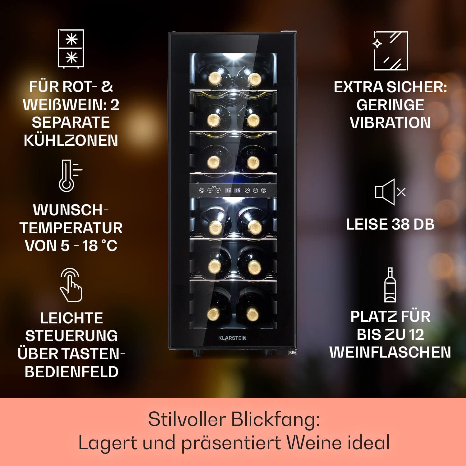 Klarstein Weinkühlschrank Freistehend, Kleiner Getränkekühlschrank Schmal, 2 Zonen Weinkühlschrank mit Glastür, Indoor/Outdoor Beersafe, Kühlschrank Klein mit UV-Schutz, 5-18°C, 12 Flaschen