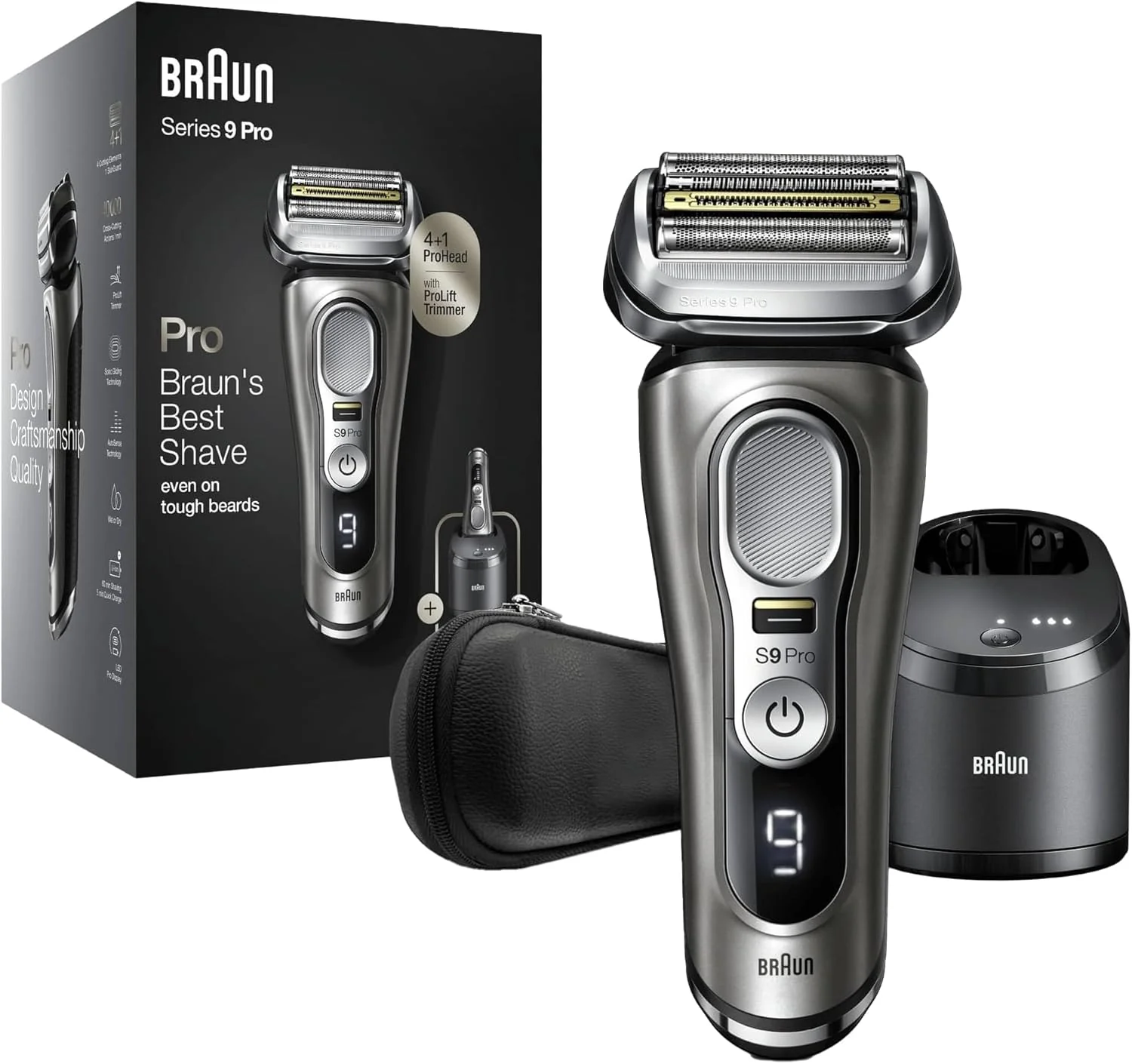 Braun Series 9 Pro Premium Rasierer Herren, Testsieger Stiftung Warentest, 4+1 Scherkopf, Elektrorasierer & Trimmer, Reinigungsstation, 60 Min Laufzeit, 9465cc, noble metal