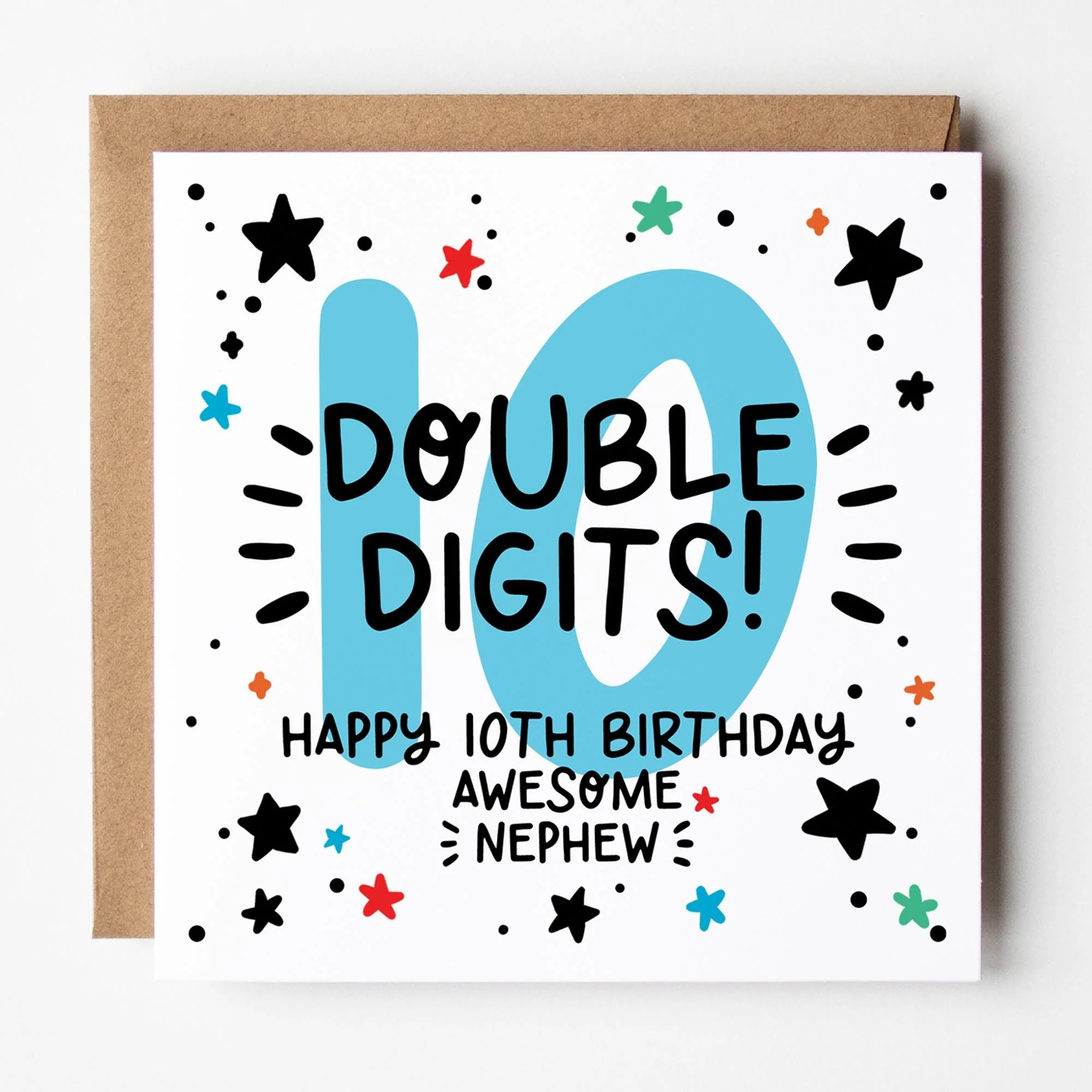 10th Birthday Card for Nephew: Blue 10, Double Digits with Stars and Kraft Envelope