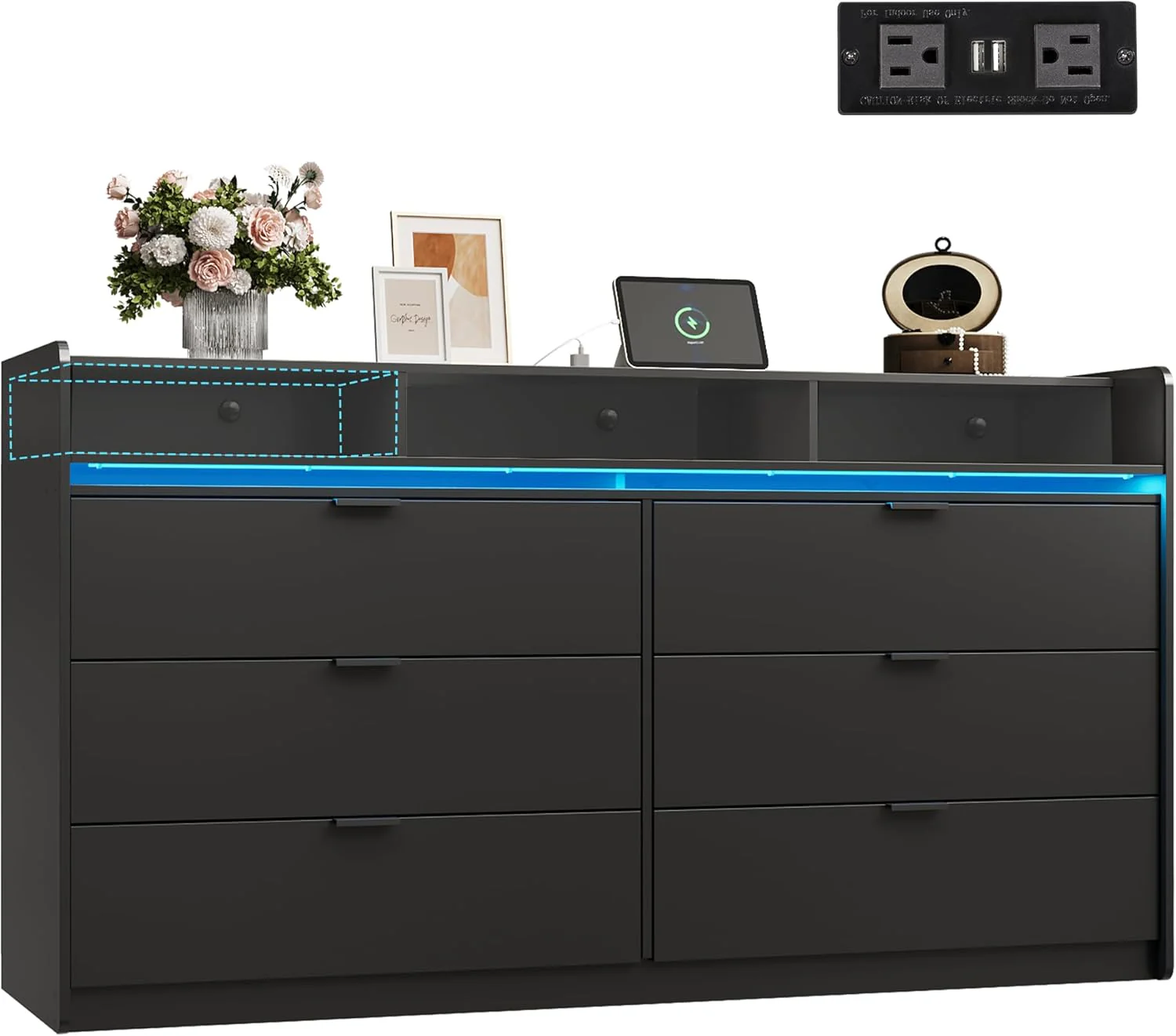 9 Drawer Led Dresser for Bedroom, 58.35'' Wide Wood Dresser Storage Organizer with Power Outlets for 65'' TV, Dressers with Open Shelves