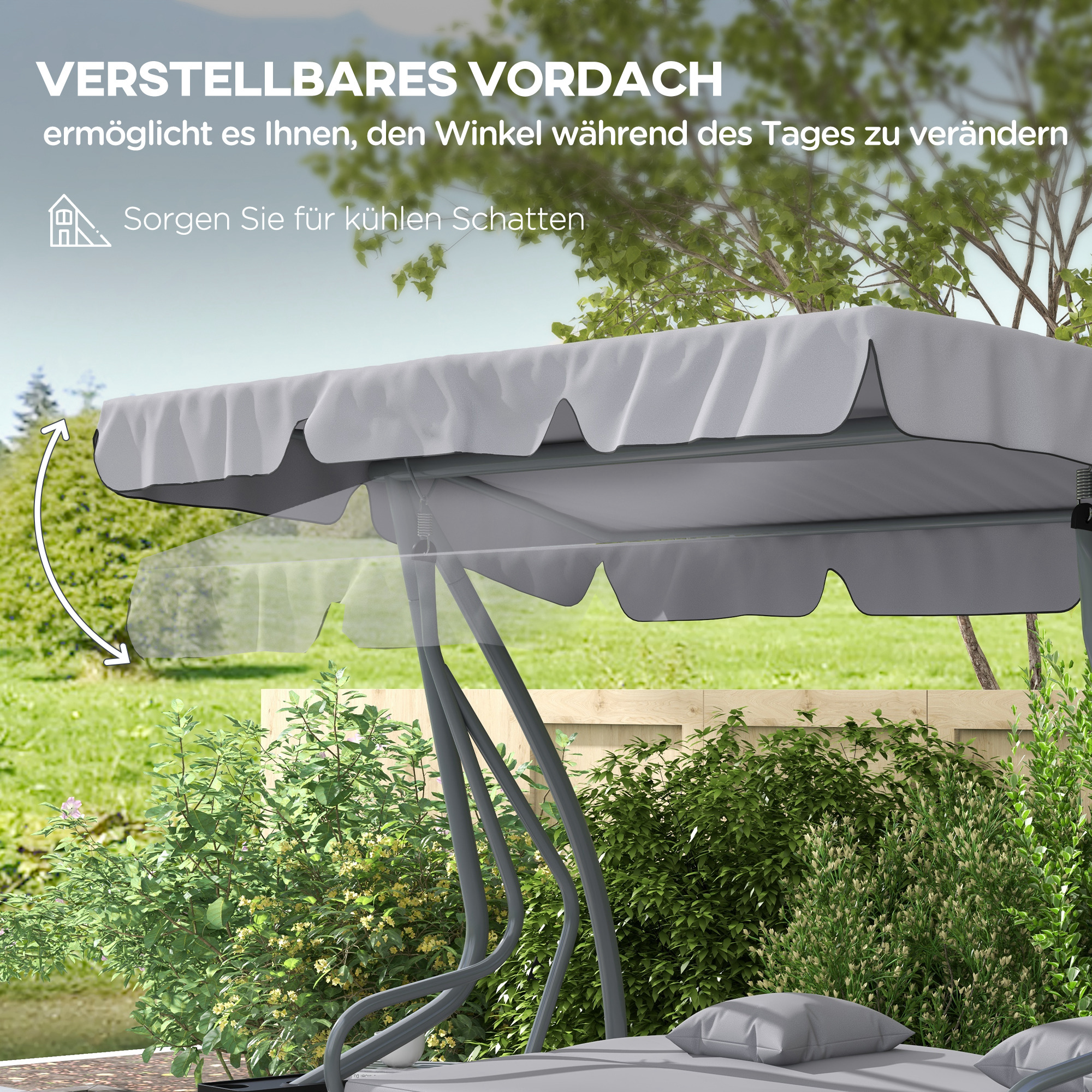 Outsunny 2-in-1 Hollywoodschommel met Ligfunctie, Verstelbaar Dak, tot 340 kg, Staal, 200x120x164 cm, Grijs