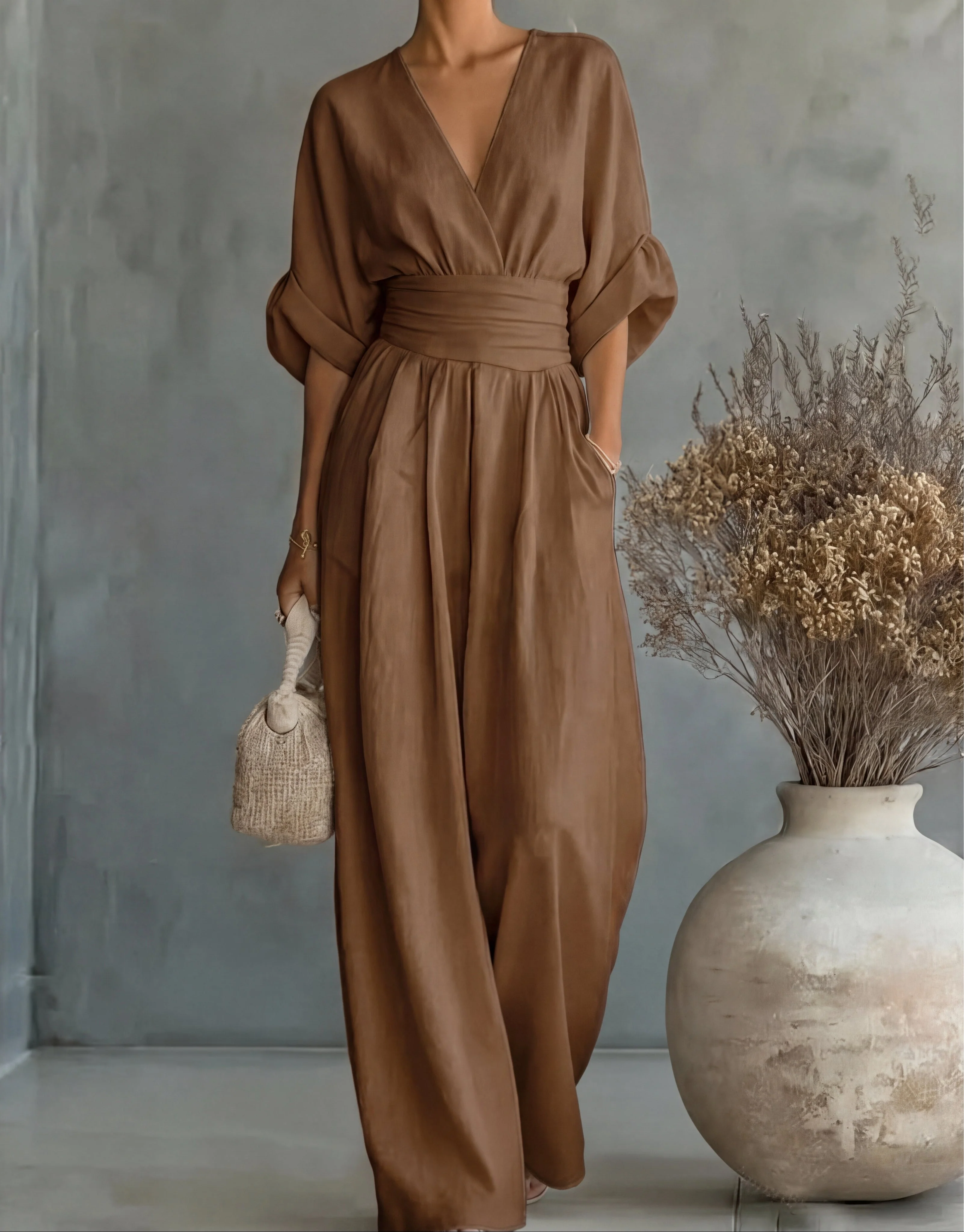 Women��s Elegant Wide-Leg Jumpsuit Wrap-Style Design