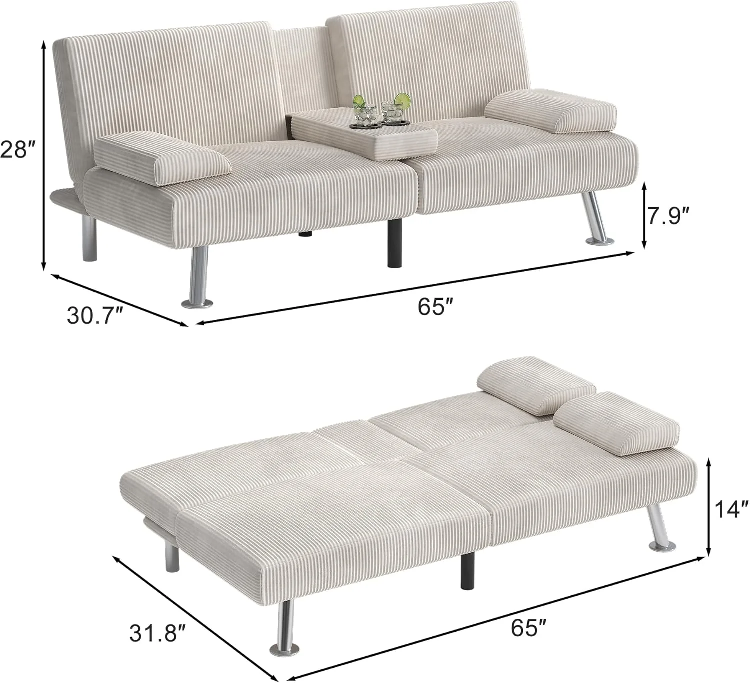 Shahoo Modern Linen Upholstered Convertible Folding Futon Sofa Bed with Removable Armrests