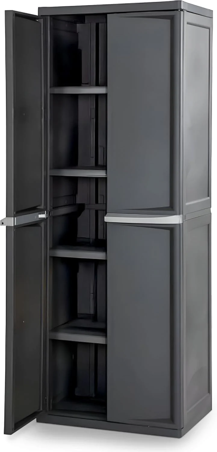 Sterilite 4 Shelf Cabinet, Lockable Utility Storage w/ Adjustable Shelves, Gray