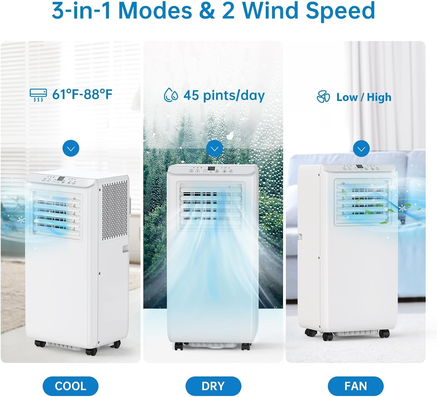Tragbare Klimaanlage 8000 BTU mit Schnellkühlung, 54 dB Leise, Fernbedienung, 24 Stunden Timer mit Luftentfeuchter, AC Einheit