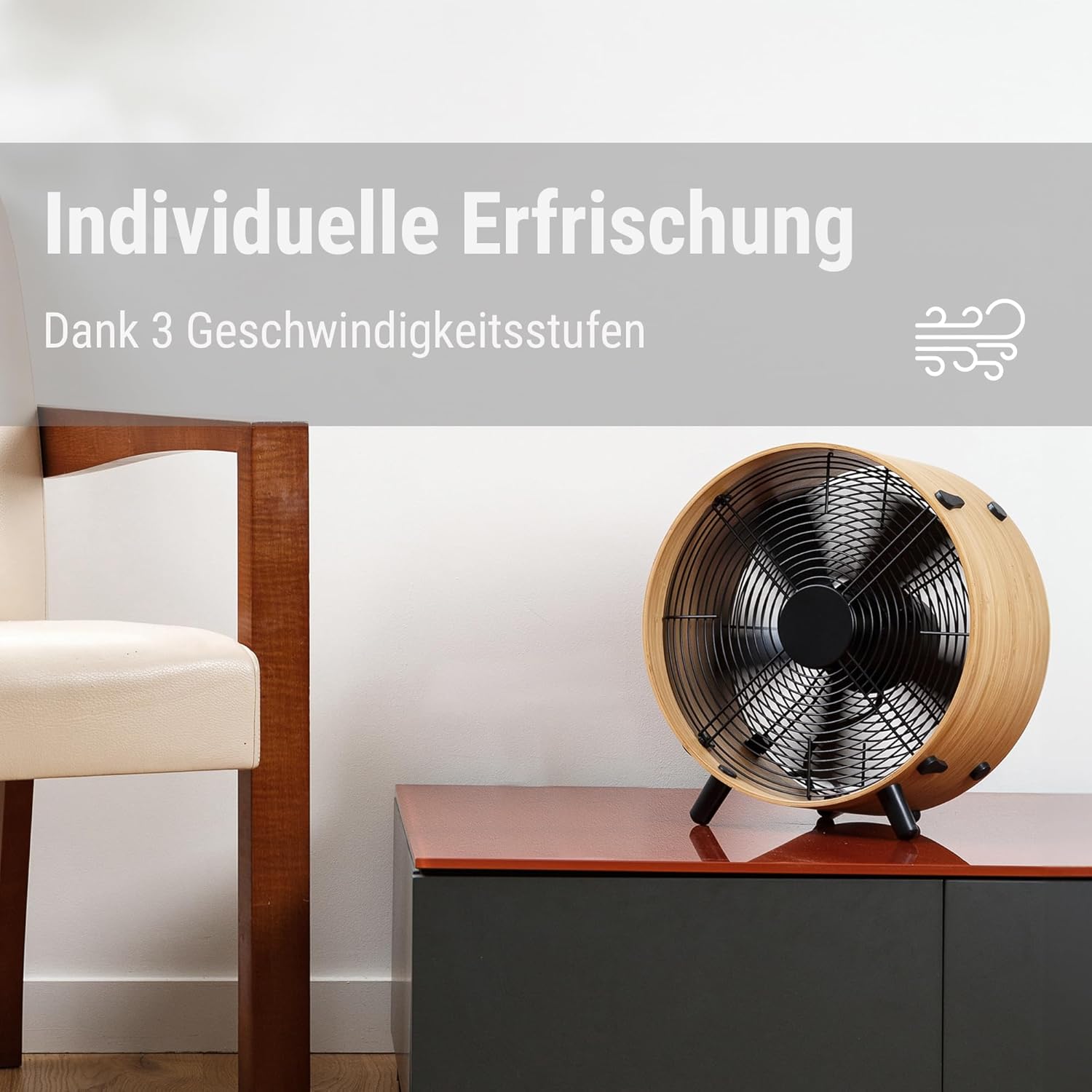 Stadler Form Ventilator Otto, aus Bambus, mit 3 Geschwindigkeiten, ideal im Sommer und fürs Schlafzimmer, Wohnzimmer und Büro geeignet, einfache Reinigung, 50 Watt