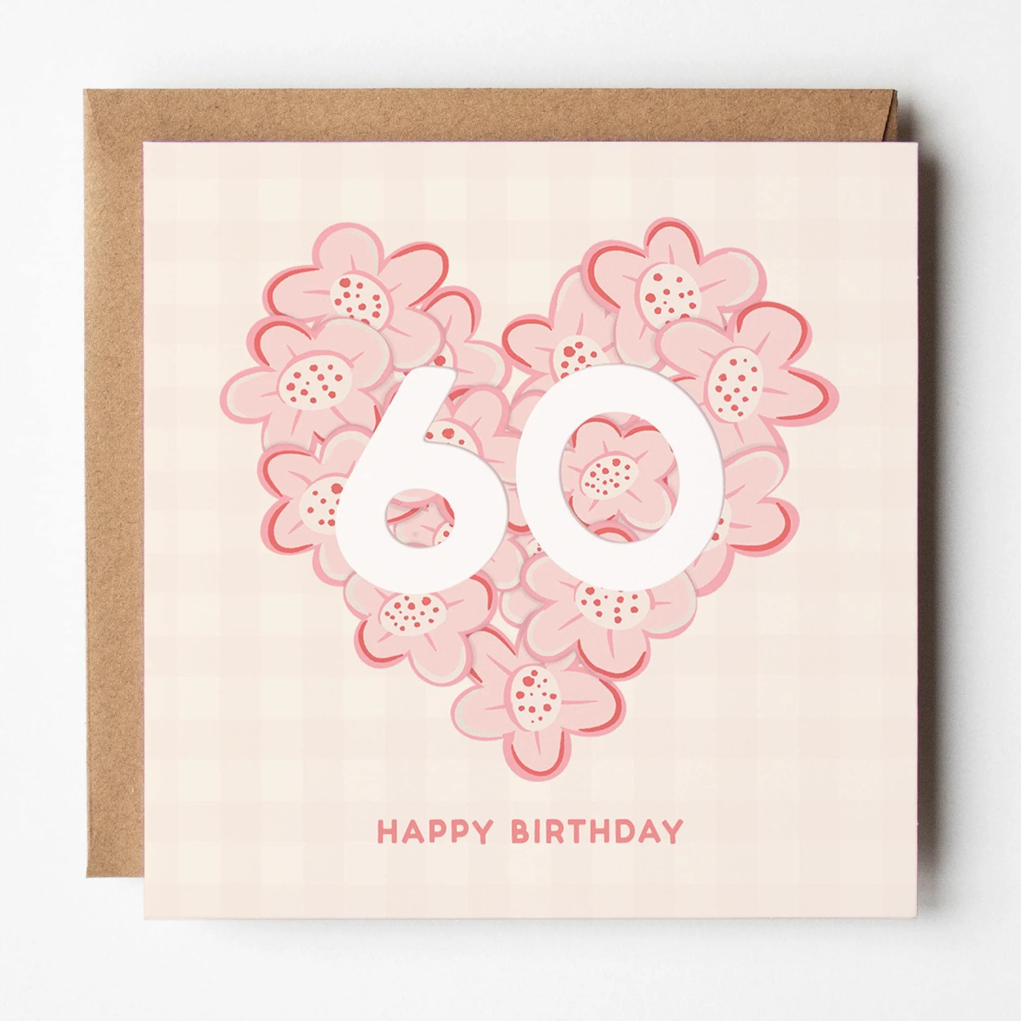 60th Birthday Card for Her; mum, granny, sister, friend, auntie, pretty, pink, with Kraft envelope