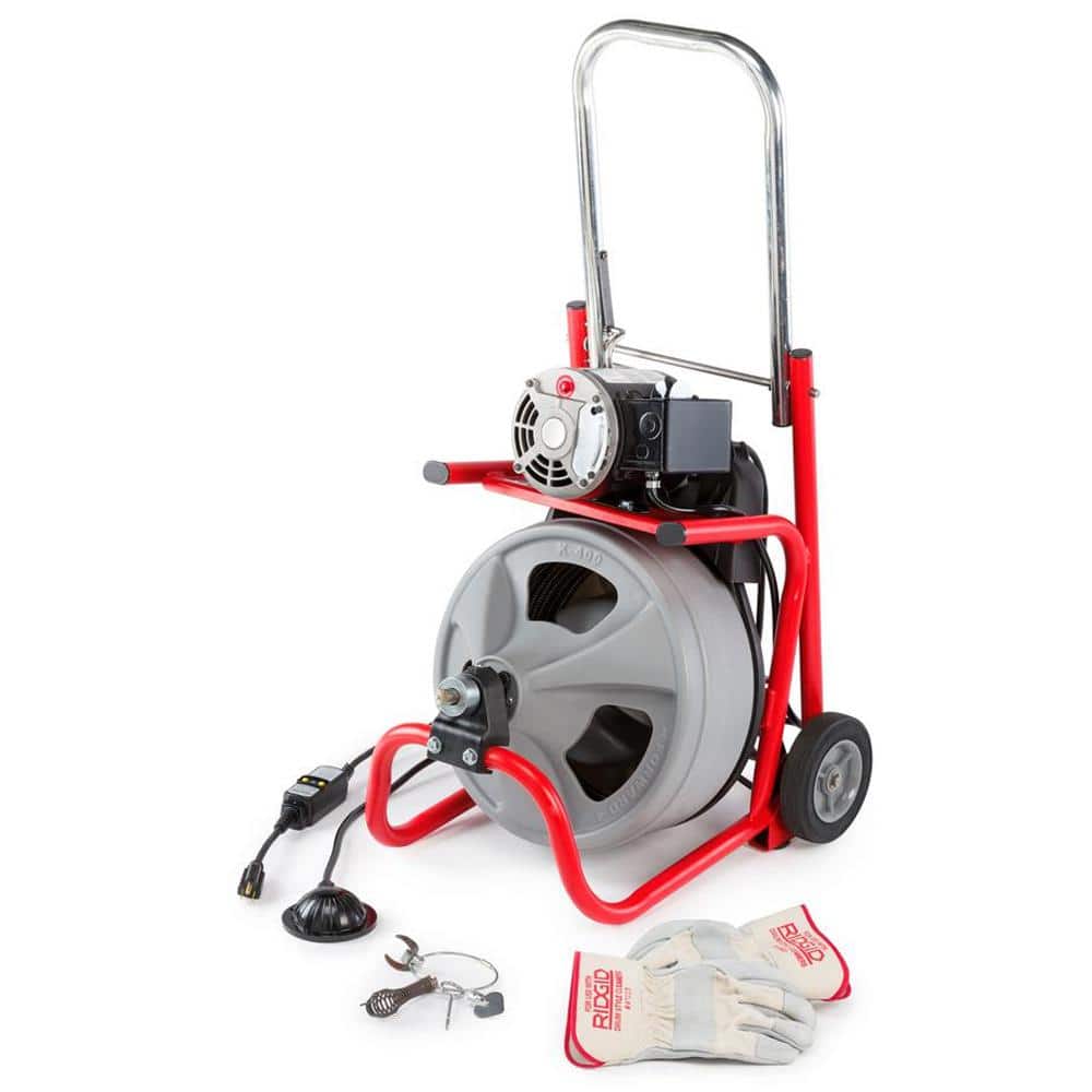 K 400 Drain Cleaning Snake Auger 120 Volt Drum Machine with C 32IW 3/8 in. x 75 ft. Cable   4 Piece Tool Set & Gloves 52363