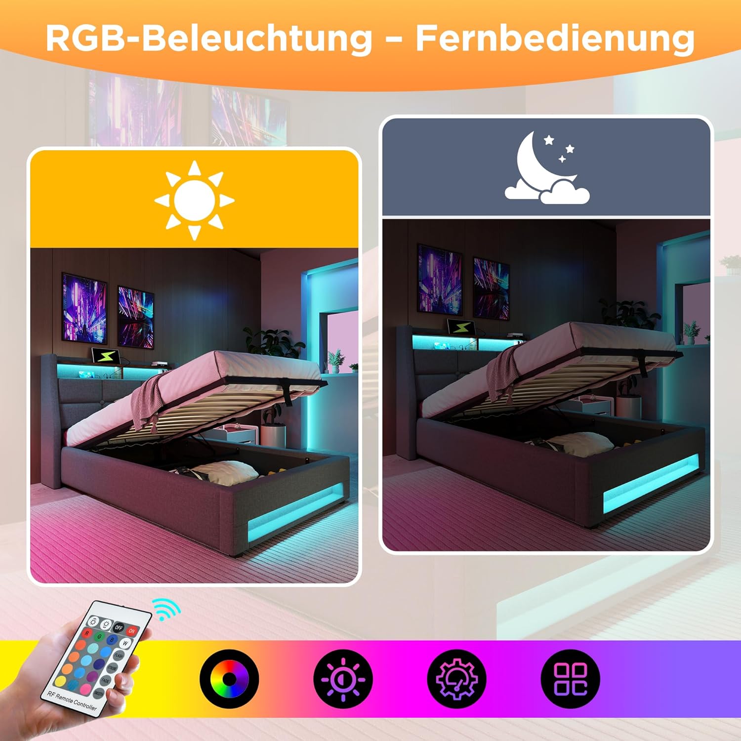 Merax Polsterbett 90x200cm, Einzelbett mit Bettkasten und Lattenrost, Stauraum Kopfteil mit LED und USB Ladefunktion, Hydraulisch Stauraumbett Funktionsbetten, Leinen, Jugendbett, ohne Matratze, Grau