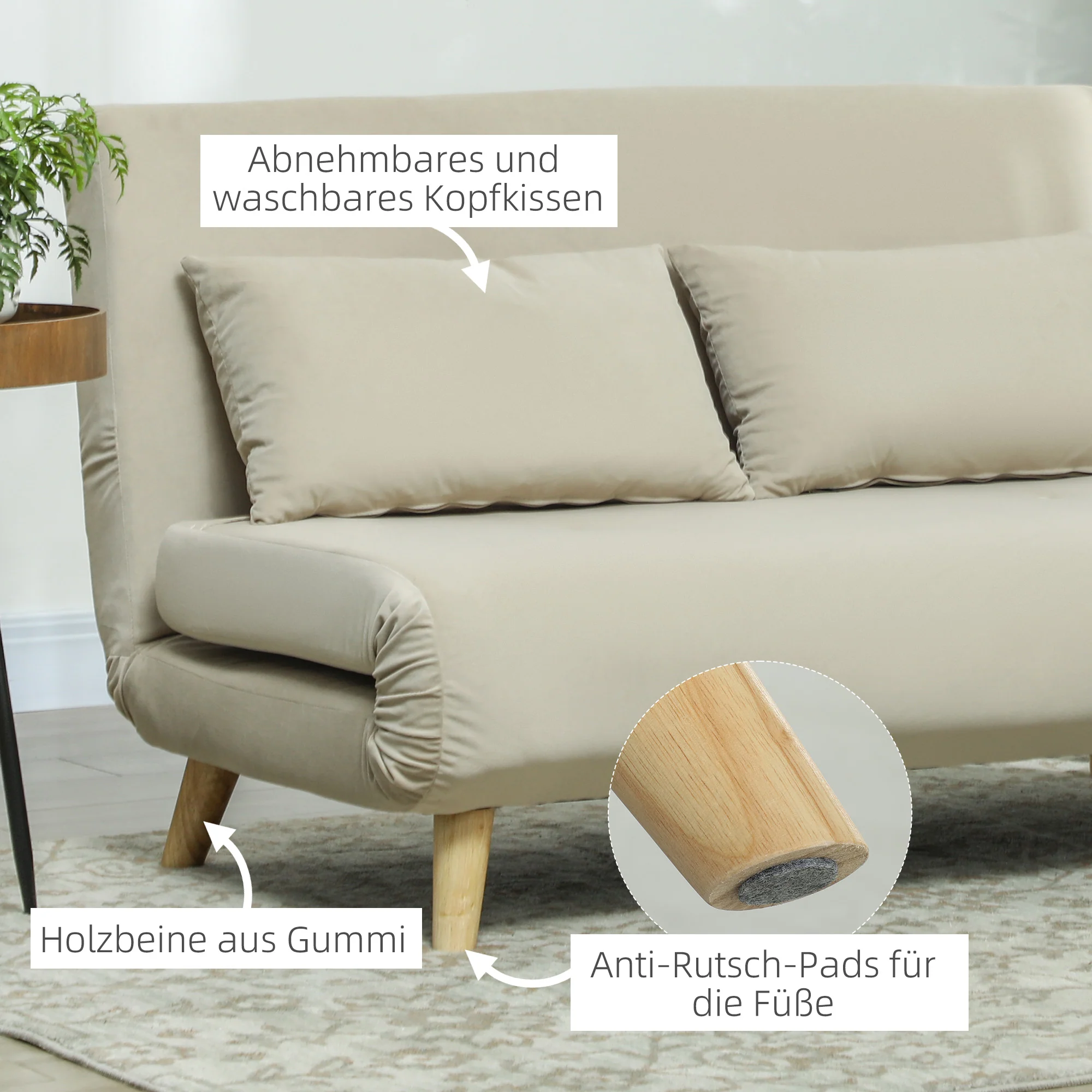 HOMCOM Slaapbank Relaxbank Sofa Couch, Incl. 2 Kussens, Fluweeloptiek, 130 x 78 x 79 cm, Beige