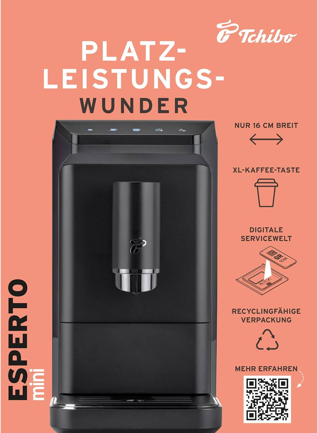 Tchibo Kaffeevollautomat Esperto mini für Caffè Crema und Espresso, nur 16cm breit, klein und kompakt, geeignet für jede Küche, Camping, Studentenapartment, Schwarz - INKLUSIVE Kaffeeprobierset GRATIS