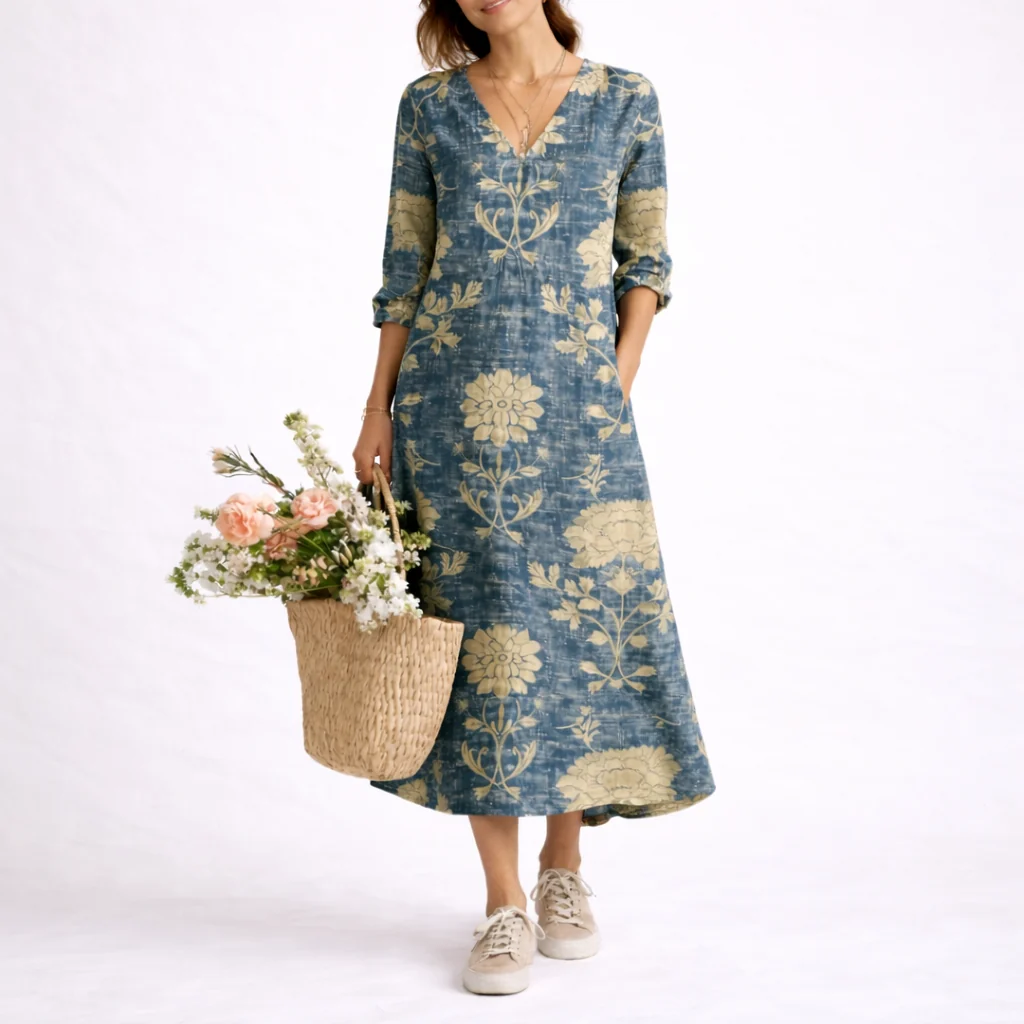 Womena??s Linen Dress Floral Pattern Lightweight Design
