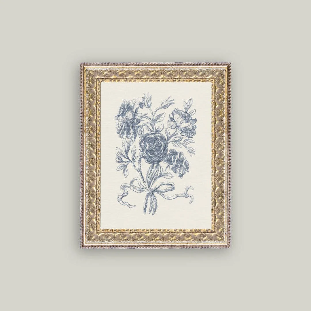 Blue Flower Sketch Framed Antique Inspired Art