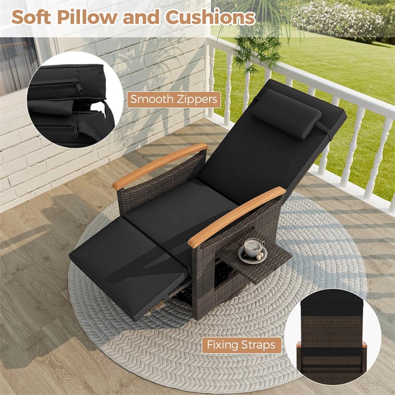 Outdoor Rattan 360° Swivel Recliner Chair, Patio Wicker Chaise Lounge Chair with Adjustable Backrest & Footrest, Flip Side Table & Cushions