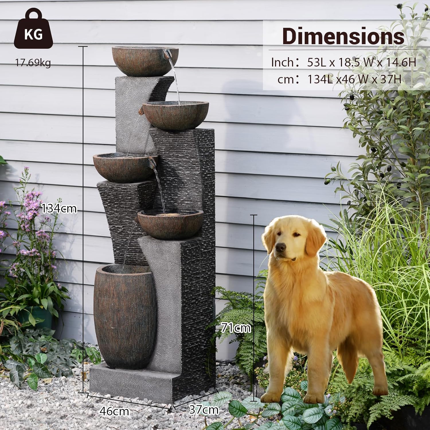 Bumilgar Großer Gartenbrunnen Springbrunnen für Außen mit LED Beleuchtung, 5-stufiger Wasserspiel Wasserfall Brunnen für Garten,Balkon,Terrasse,134x46x37 cm