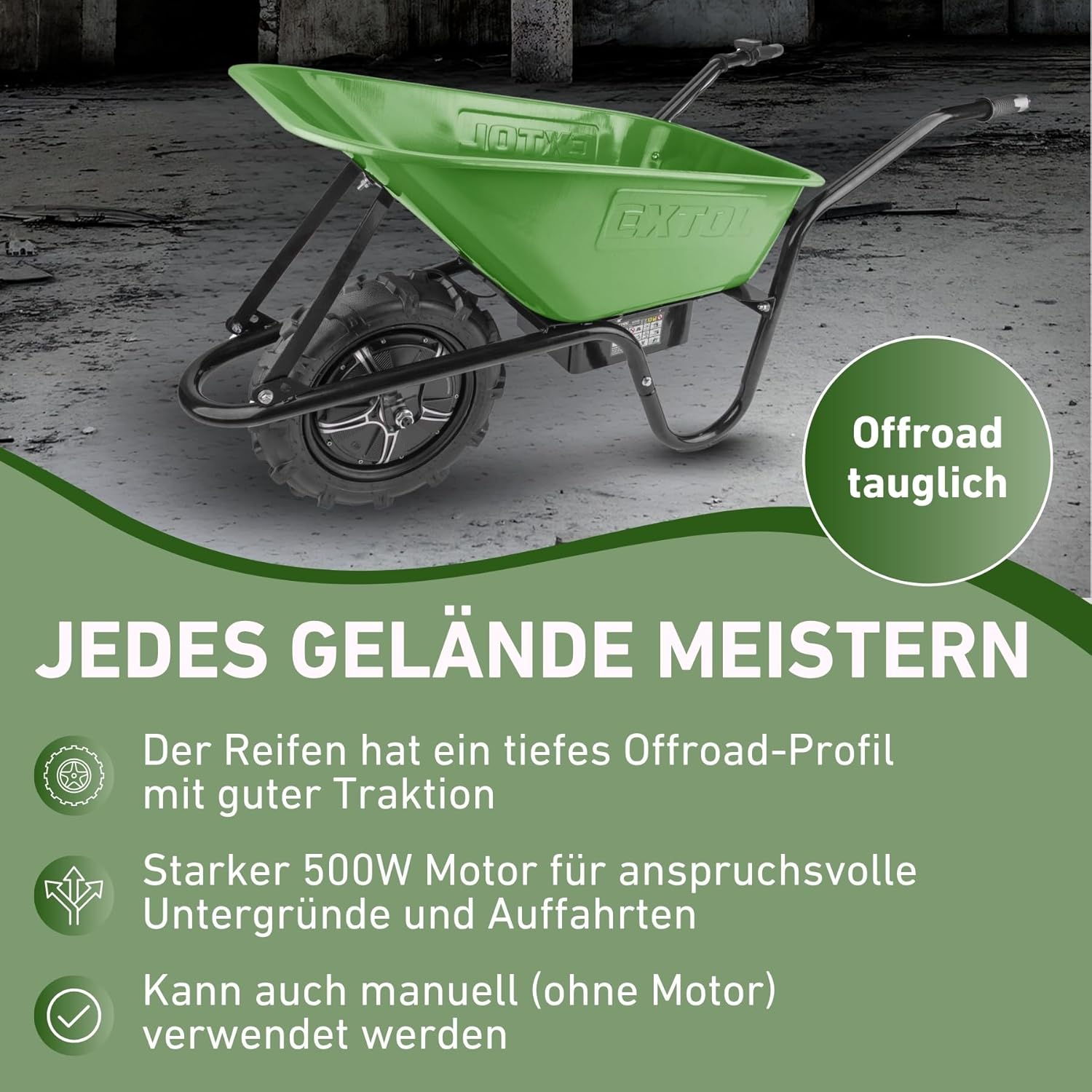 Extol Craft elektrische Schubkarre mit Akku, 500 W, 80 L Mulde & 150 kg Traglast, leistungsfähige Motorschubkarre, Offroad-taugliche Akkuschubkarre, mit Zwei 12V Blei Batterien