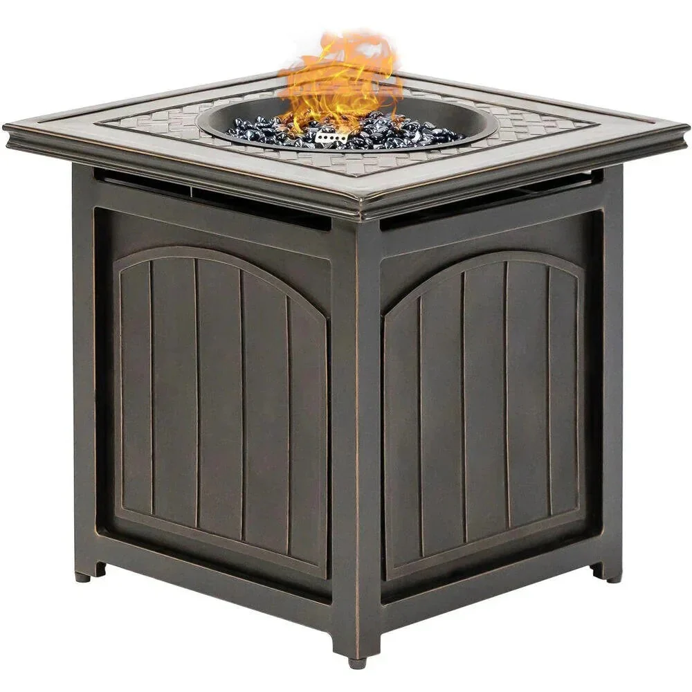 2025 5-piece steel patio fire pit seating set with navy blue cushions, swivel gliders and square fire pit table
