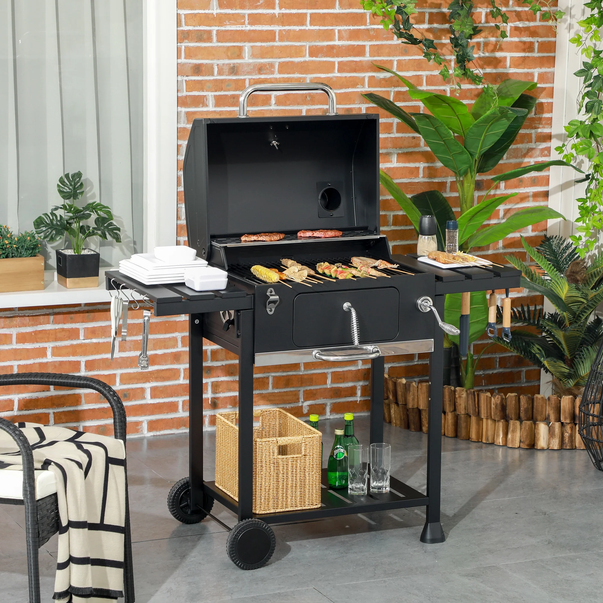 Outsunny Kolenbarbecue BBQ-grill Smoker, inclusief thermometer, flesopener, 120 x 64 x 114 cm, Zwart