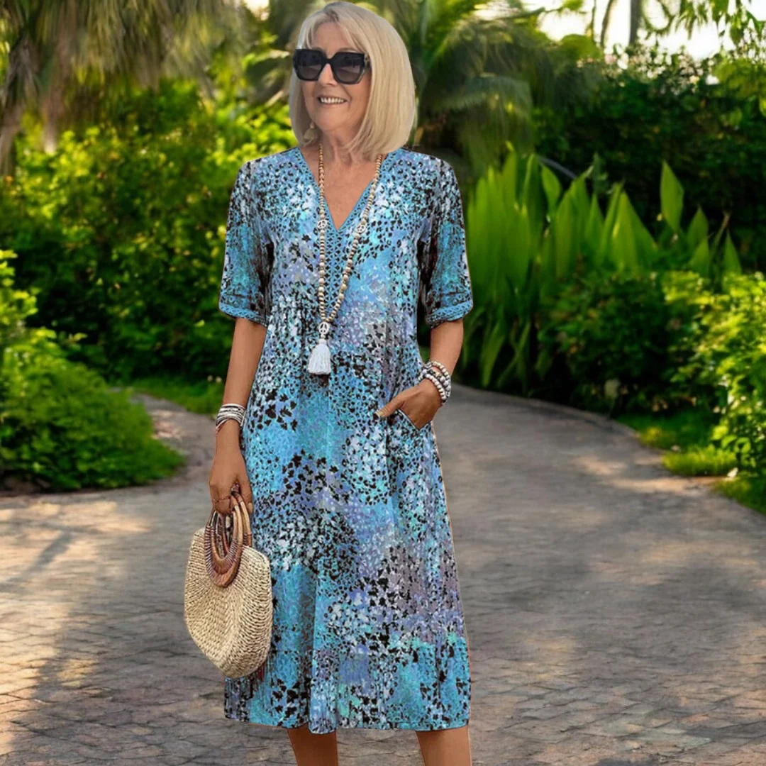 Women��s Artistic Midi Dress V-Neck with Pockets