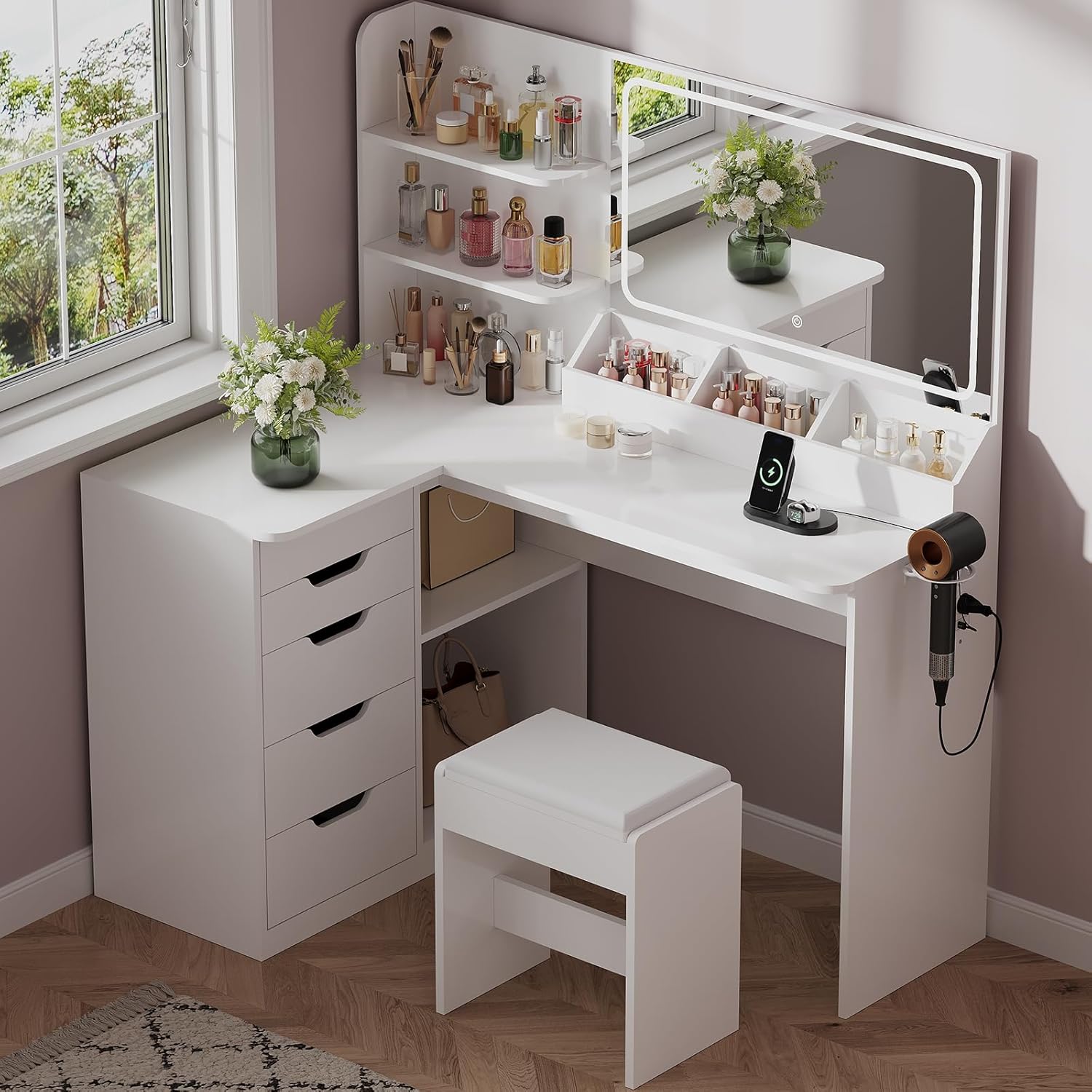 JUMMICO Schminktisch mit Spiegel und Licht, Eck Schminktisch L Hocker mit Beleuchtung LED 3 Farben, Make Up Table 120 breit mit 5 Schubladen und Steckdosen, Weiß