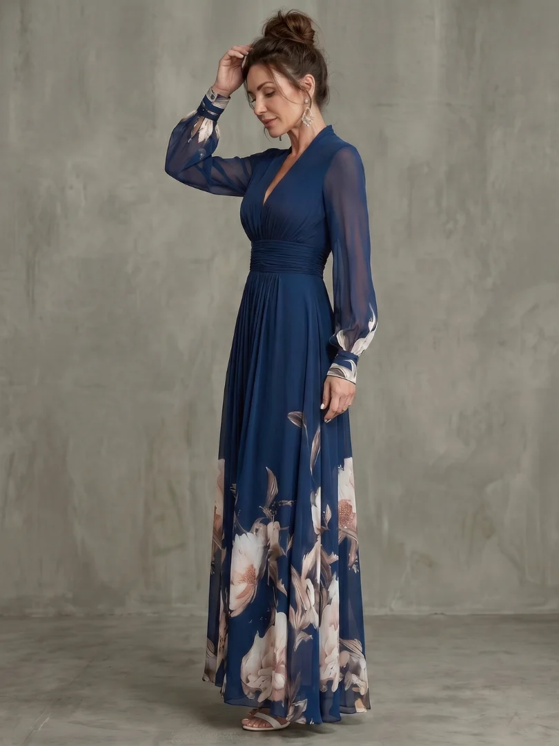 Womena??s Maxi Dress Pleated Sheer Sleeves and Defined Waist