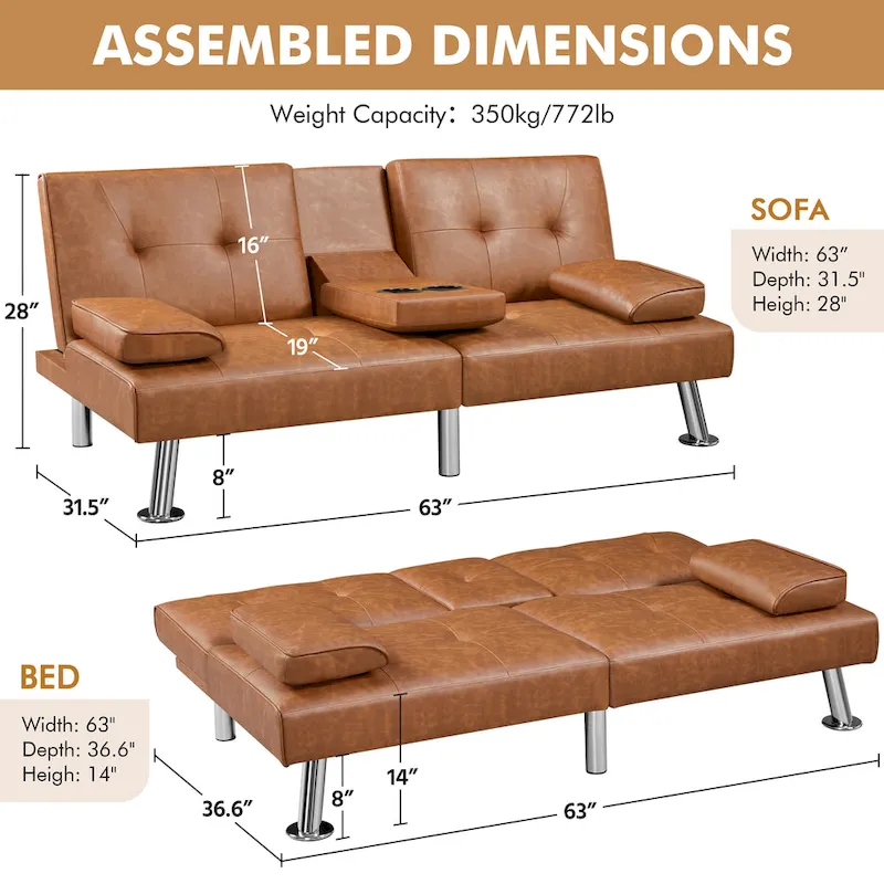Yaheetech Faux Leather Convertible Futon Sofa Bed 3-In-1 Adjustable Futon Couch