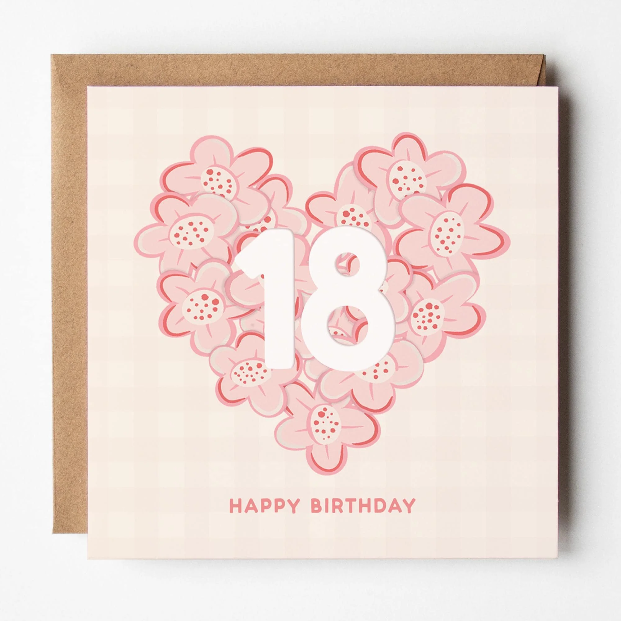 18th Birthday Card for Her; daughter, niece, sister, friend, pretty, pink, with Kraft envelope