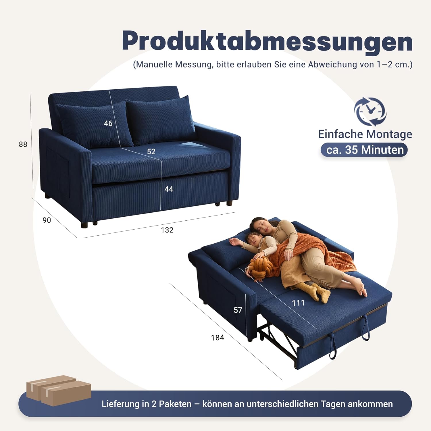Schlafsofa 2-Sitzer, 3-in-1 ausziehbares Sofa Bett, Cordstoff Schlafcouch mit Verstellbarer Rückenlehne und Seitentaschen, für Wohnzimmer und Gästezimmer,Navyblau