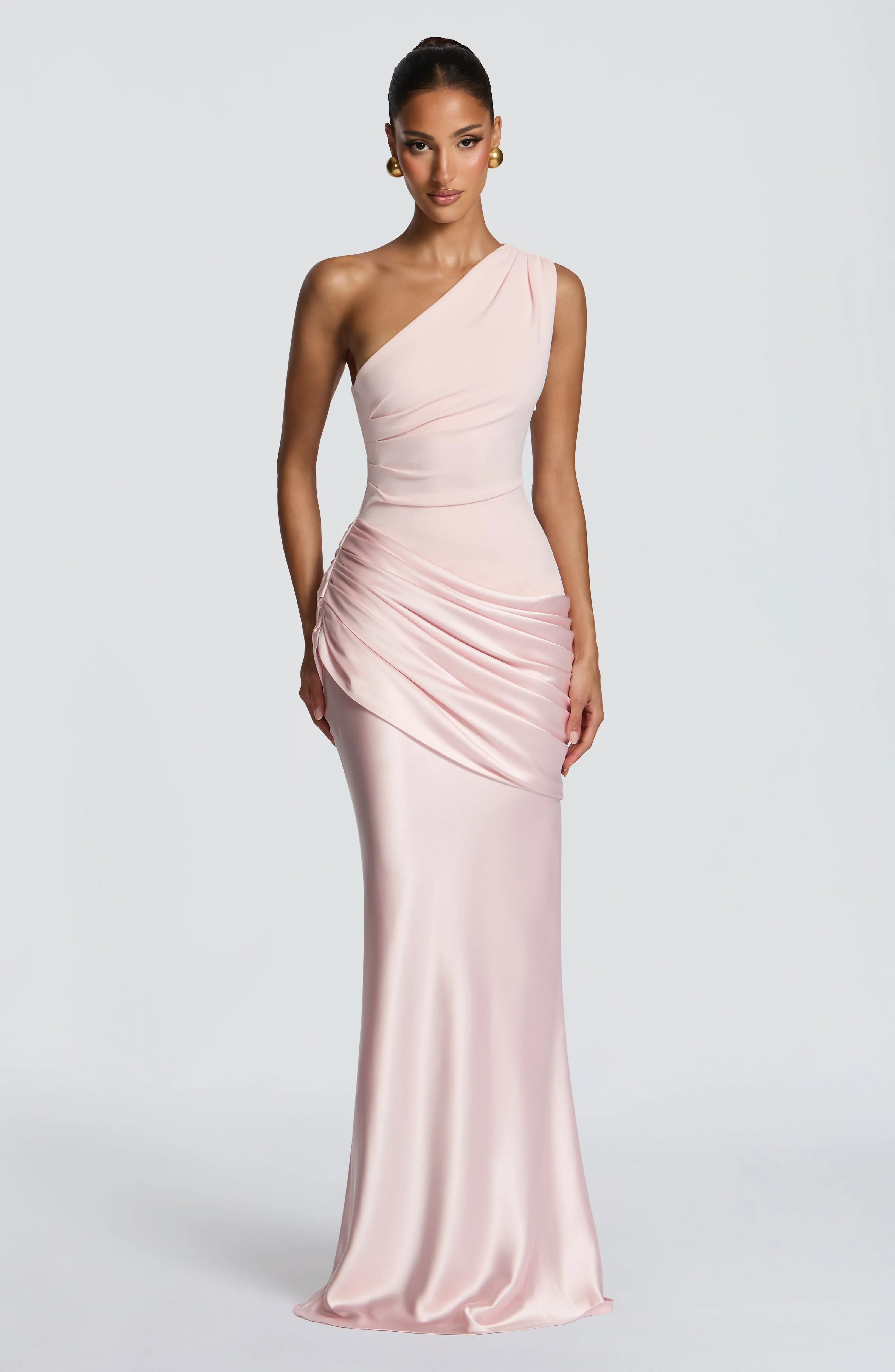 Women��s One Shoulder Satin Maxi Dress Elegant Ruched Design
