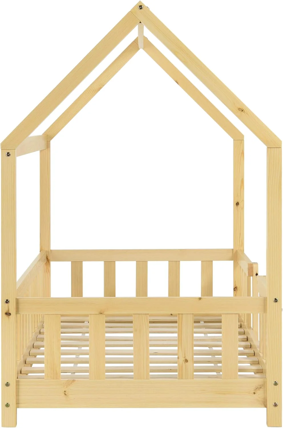 [en.casa] Letto per bambini Sisimiut a capanna 80 x 160 cm con protezione anticaduta letto in legno per bambini letto a terra rete a doghe in legno di pino Bianco opaco