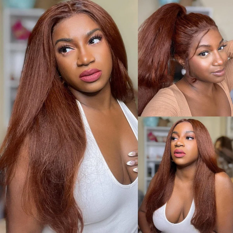 Clearance 5x5 Kinky Straight Reddish Brown Lace Closure Wig Human Hair Auburn Copper Color for Women