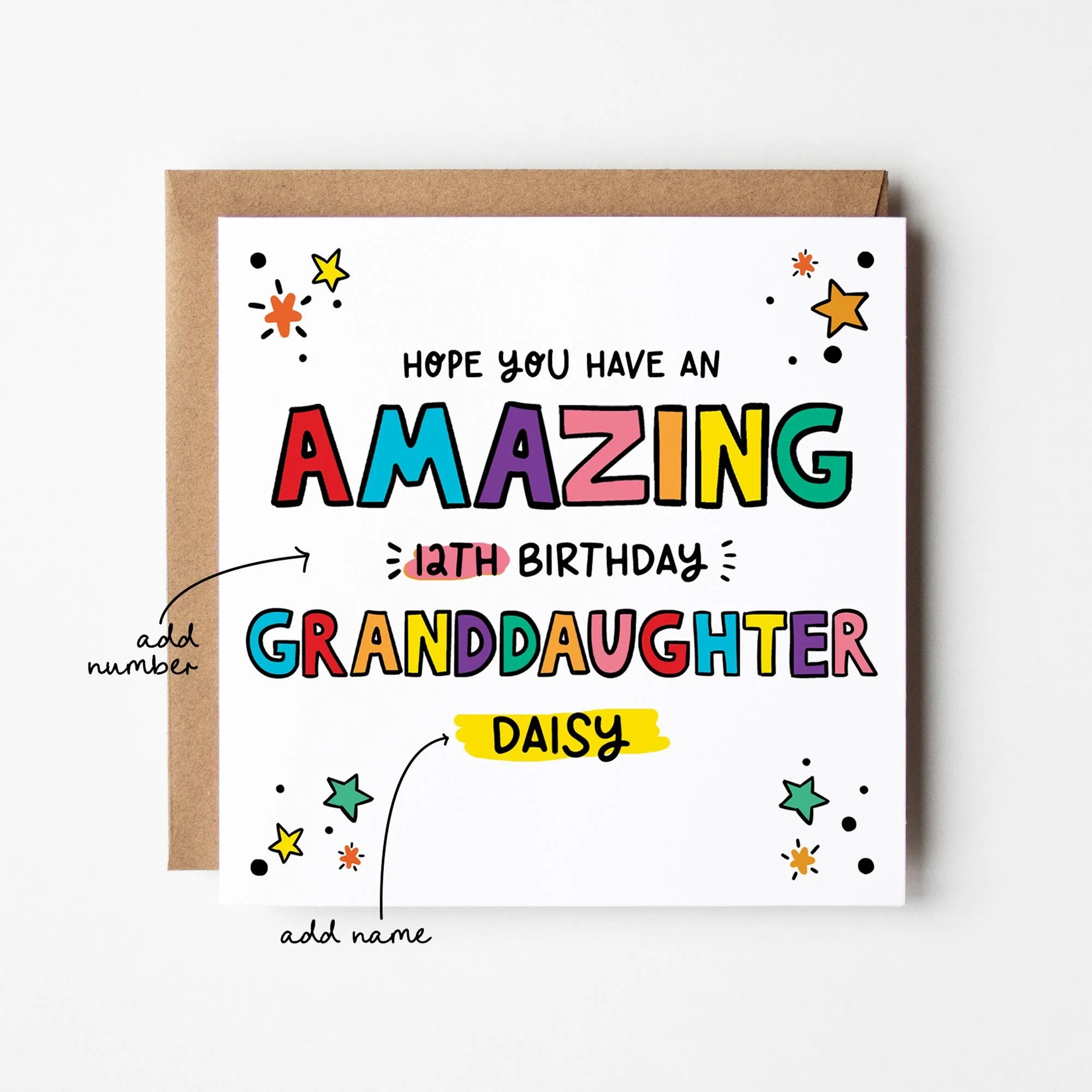 Granddaughter Birthday Card, Personalised Number Greeting Card With Envelope