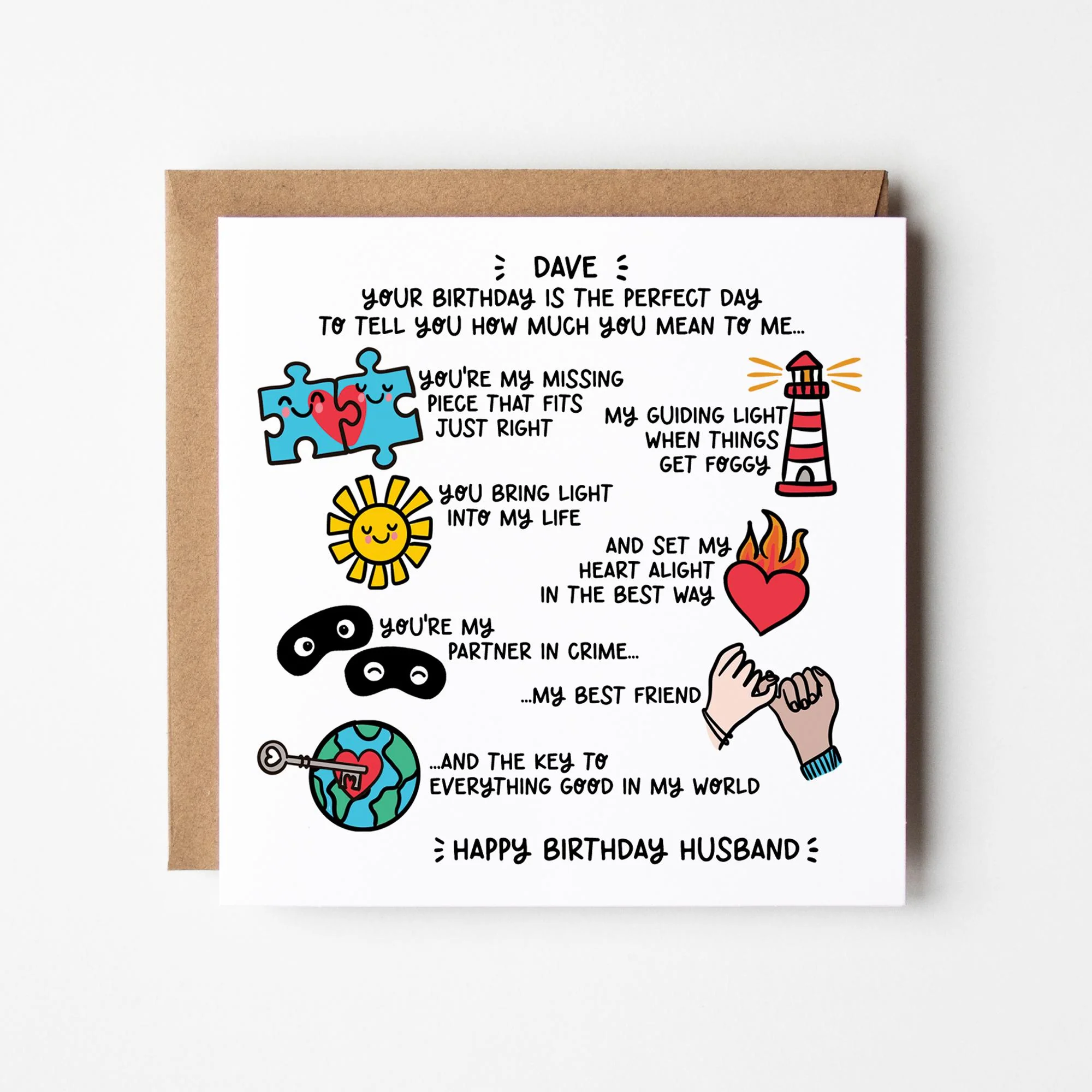 Personalised Birthday Card, Romantic Husband Keepsake With Kraft Envelope