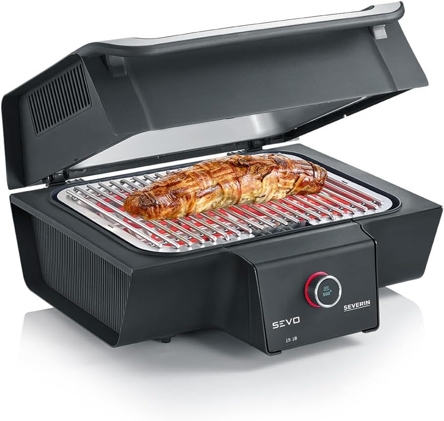 SEVERIN SEVO GT Barbecue Elettrico con Opzione Cottura Lenta, Grill Elettrico 3000W per Interni ed Esterni, Griglia Elettrica con Avvio Rapido fino a 500°C, Inox/Nero, PG 8106