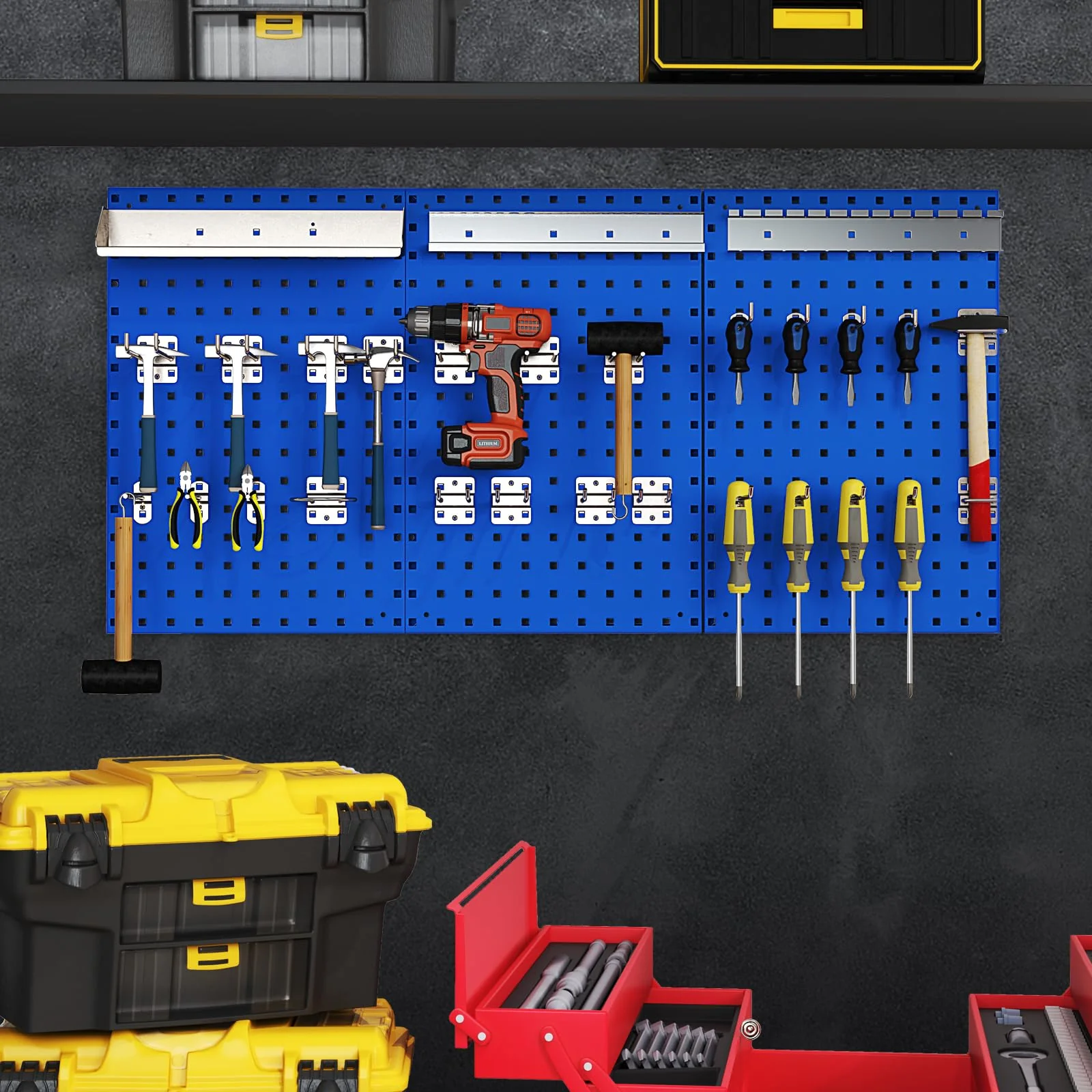 3 Pcs Metal Pegboard Panels w/25 Hooks, Storage Platform & Square Hole, Heavy Duty Pegboard Wall Organizer, Peg Board for Workshop Tool Storage