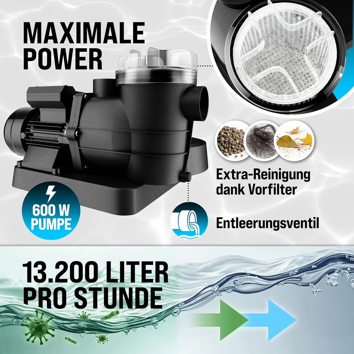MONZANA® homokszűrő rendszer 13.200L/h, akár 58.000L medencéhez, előszűrő, 7-utas szelep, 600W, 30L tartály, 2in1 adapter Ø32-38mm, szűrőrendszer medenceszűrő homokszűrő