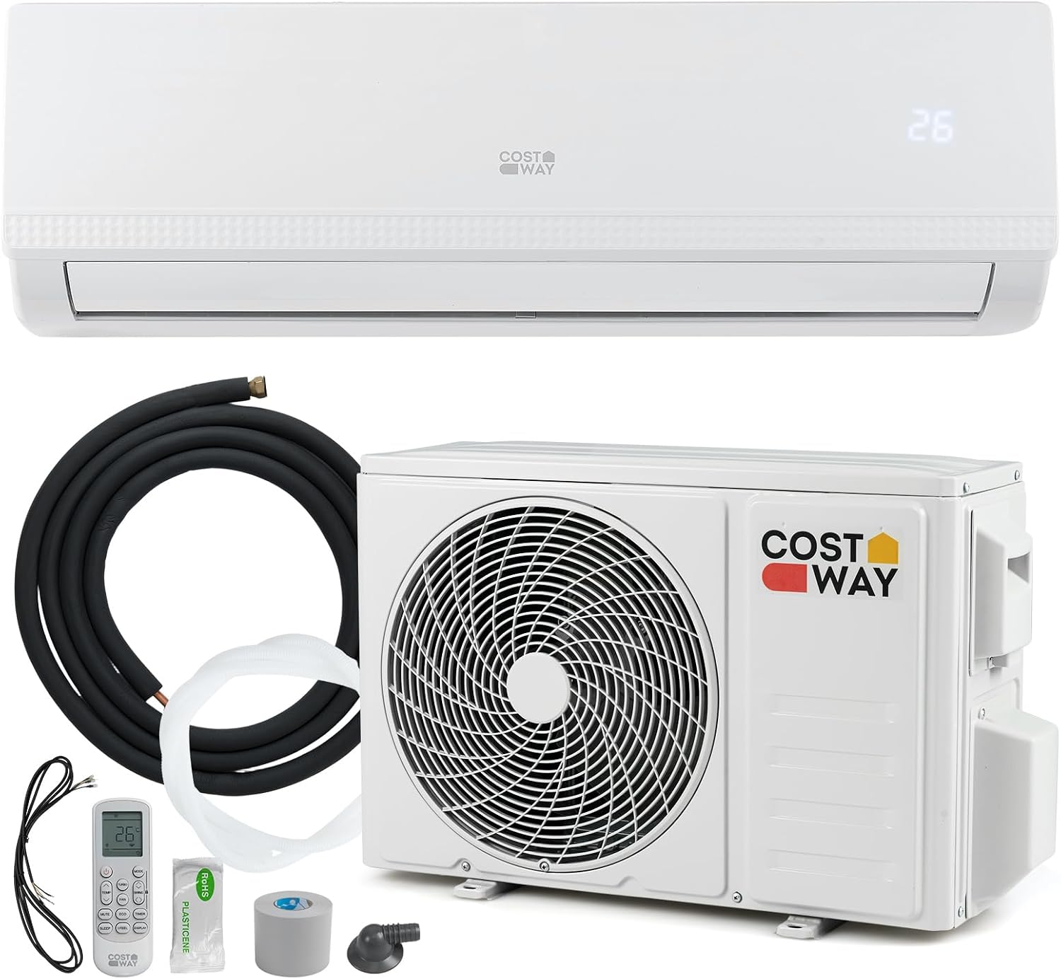 COSTWAY 9000BTU Split Klimaanlage, Klimageräte mit Heizfunktion 2,6kW, Air Conditioner Wandhalterung inkl. Kupferleitung, Kältemittel R32, sehr leise für Räume bis zu 42m³
