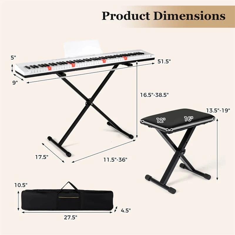 88 Key Electric Piano Keyboard Set with Adjustable Stand & Stool, Lighted Full Size Sensitive Keys, Sustain Pedal, Portable Bag for Beginners