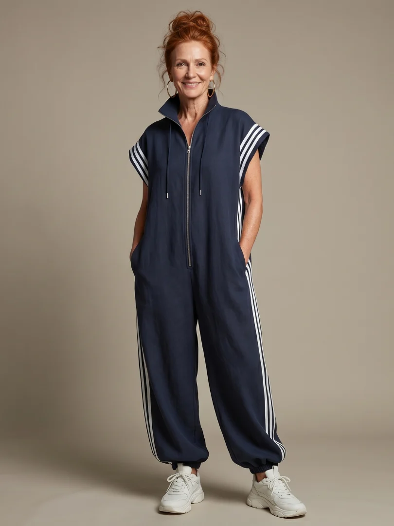 Women��s Zip Front Jumpsuit with Stripe Panel Detail