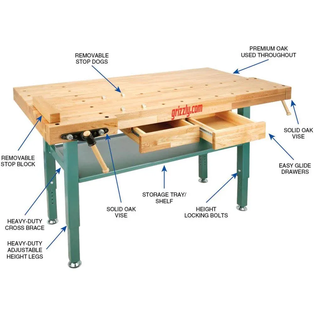 Grizzly Industrial T10157 - Banc de lucru robust din stejar cu picioare din oțel
