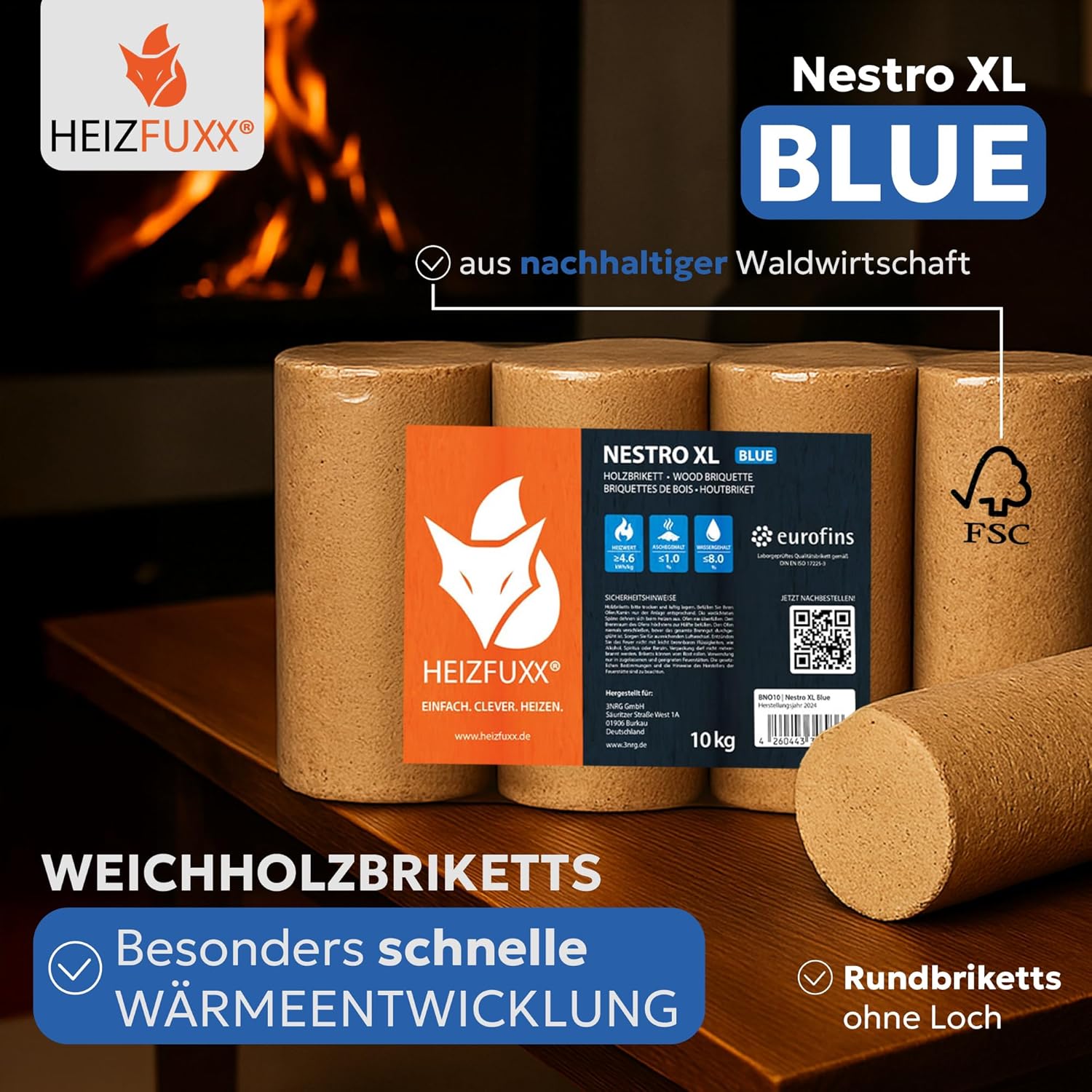 Holzbriketts Nestro XL Blue - Weichholzbriketts Palette 960 kg (96x10 kg) - Premium Briketts für Kamin, Heizkessel & Ofen - Hoher Heizwert, geringer Aschegehalt & maximale Energieausbeute