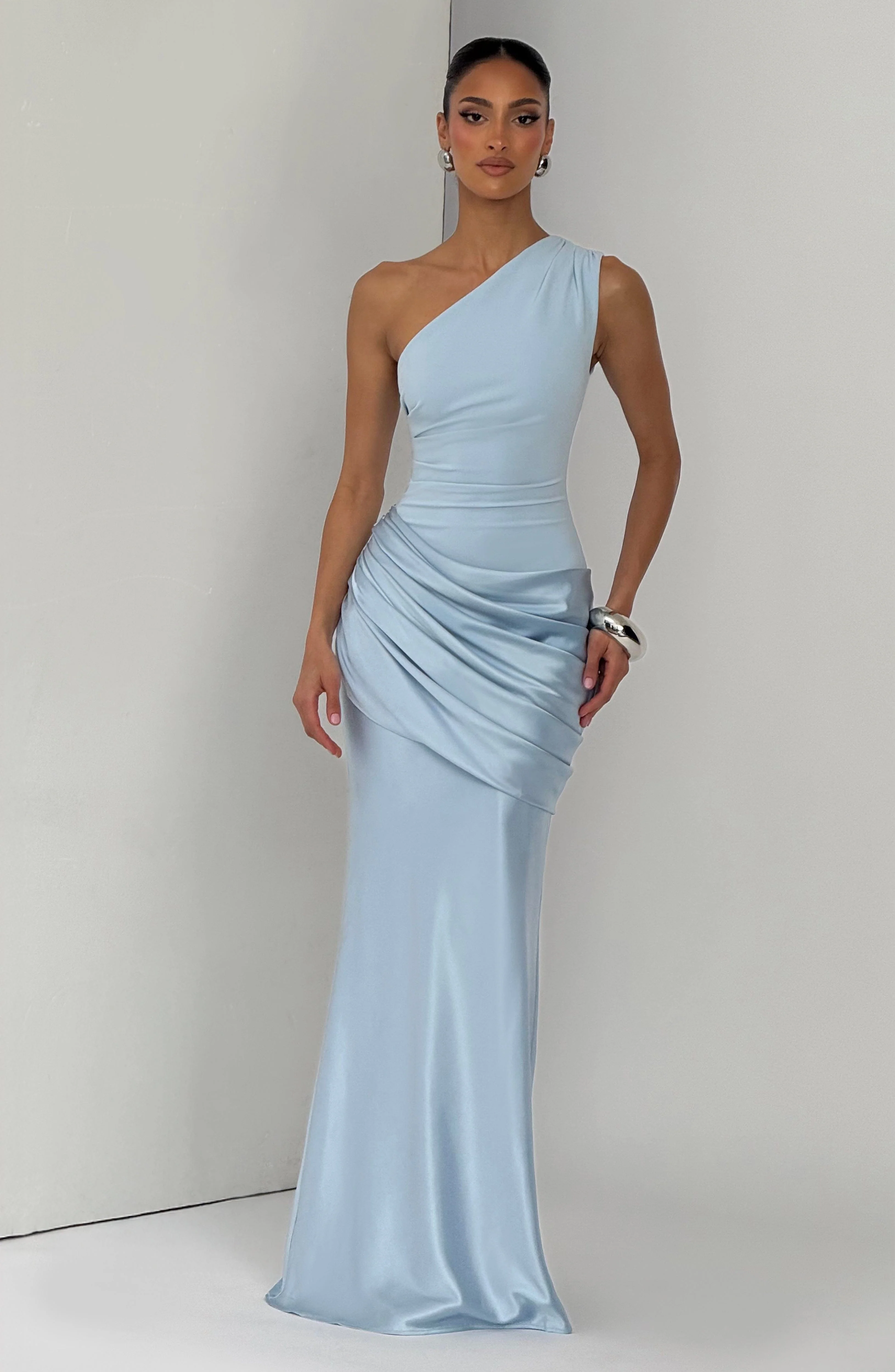 Women��s One Shoulder Satin Maxi Dress Elegant Ruched Design