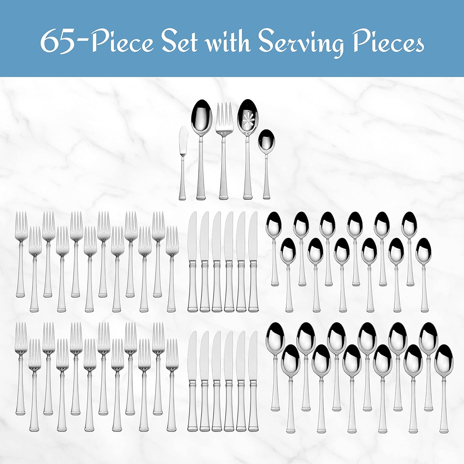 Mikasa Harmony 65-Piece 18/10 Stainless Steel Flatware Set, Service for 12, Polished Silverware with Serving Utensils, Dishwasher Safe
