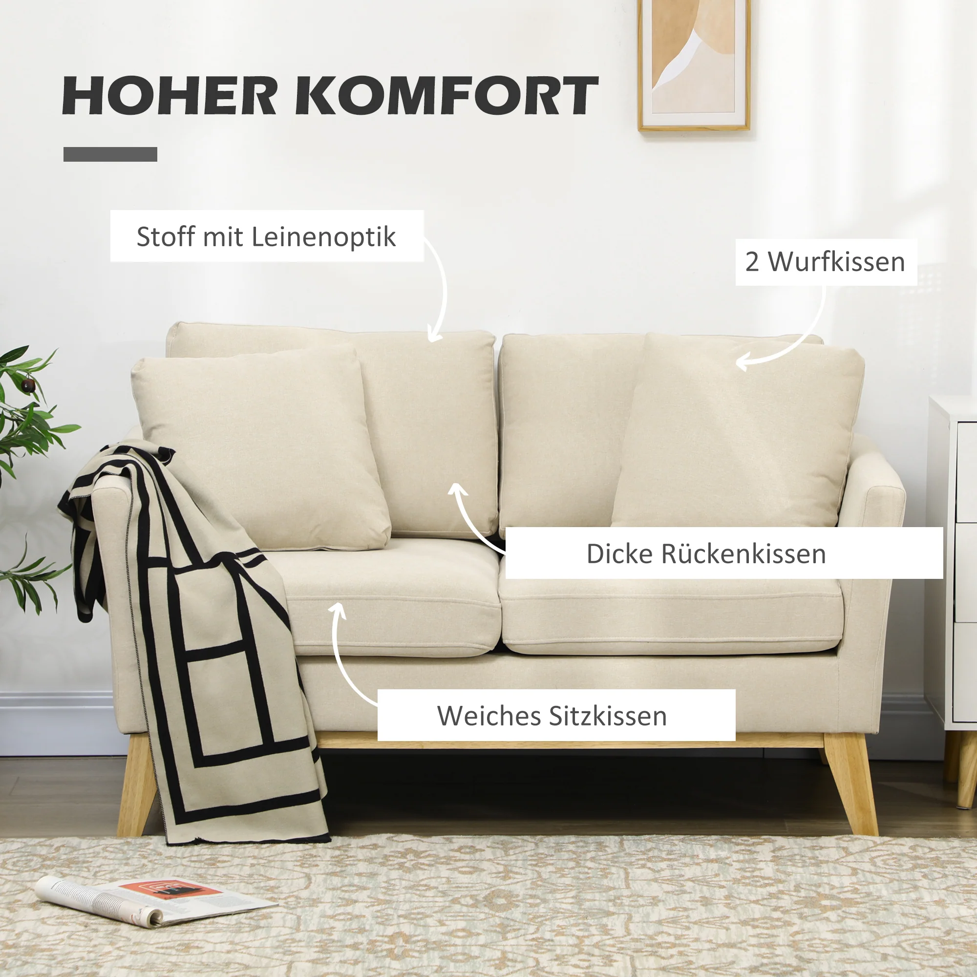 HOMCOM 2-zitsbank, Scandinavisch design, 2 sierkussens, frame van natuurlijk hout, beige, 137 x 78 x 78 cm