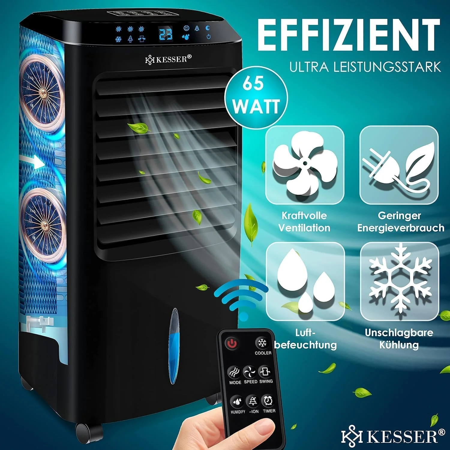 KESSER® Mobil klímaberendezés 4 az 1-ben léghűtő – Légfrissítő távirányítóval és időzítővel, 10 literes víztartály, ionizátor és párásító, ventilátoros légkondicionáló elvezetőcső nélkül, 3 fokozat, hűtőakkukkal