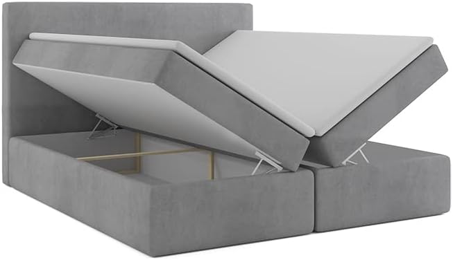 Boxspringbett mit Bettkasten PATRYCJA 120 x 200 cm geflechtes Stoff Polsterbett mit Bonell-Matratze und Topper Doppelbett mit Stauraum Bett für Schlafzimmer Gepolstertes Kopfteil H3 dunkelgrau