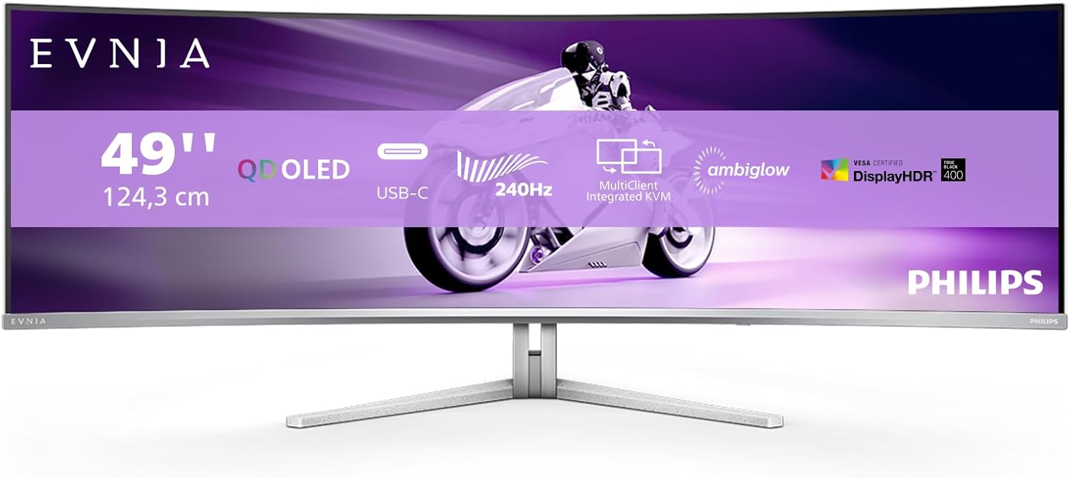 Philips Evnia 49M2C8900 - Monitor da gioco curvo OLED DQHD da 49 pollici, 240 Hertz, 0,03 ms GtG, HDR400, Ambiglow (5120x1440, HDMI 2.1, DisplayPort 2.1, USB-C, Hub USB) bianco
