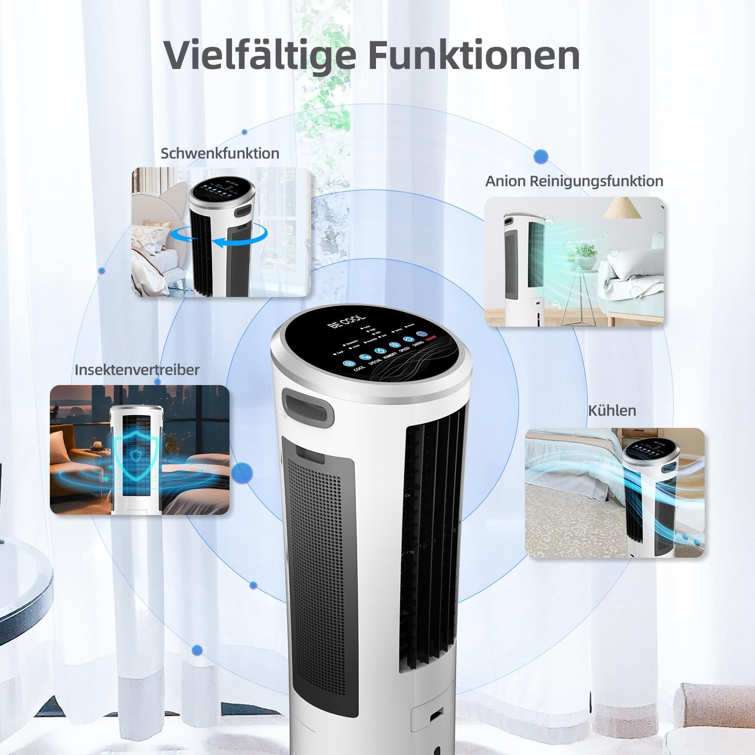 BE COOL 5in1 Luftkühler mit Wasserkühlung - Verdunstungskühler, Ventilator, Luftbefeuchter, Luftwäscher, Mückenabwehr - 110 Watt, 18L Wassertank, Luftumwälzung: 1600m³/h, Fernbedienung, weiß/grau