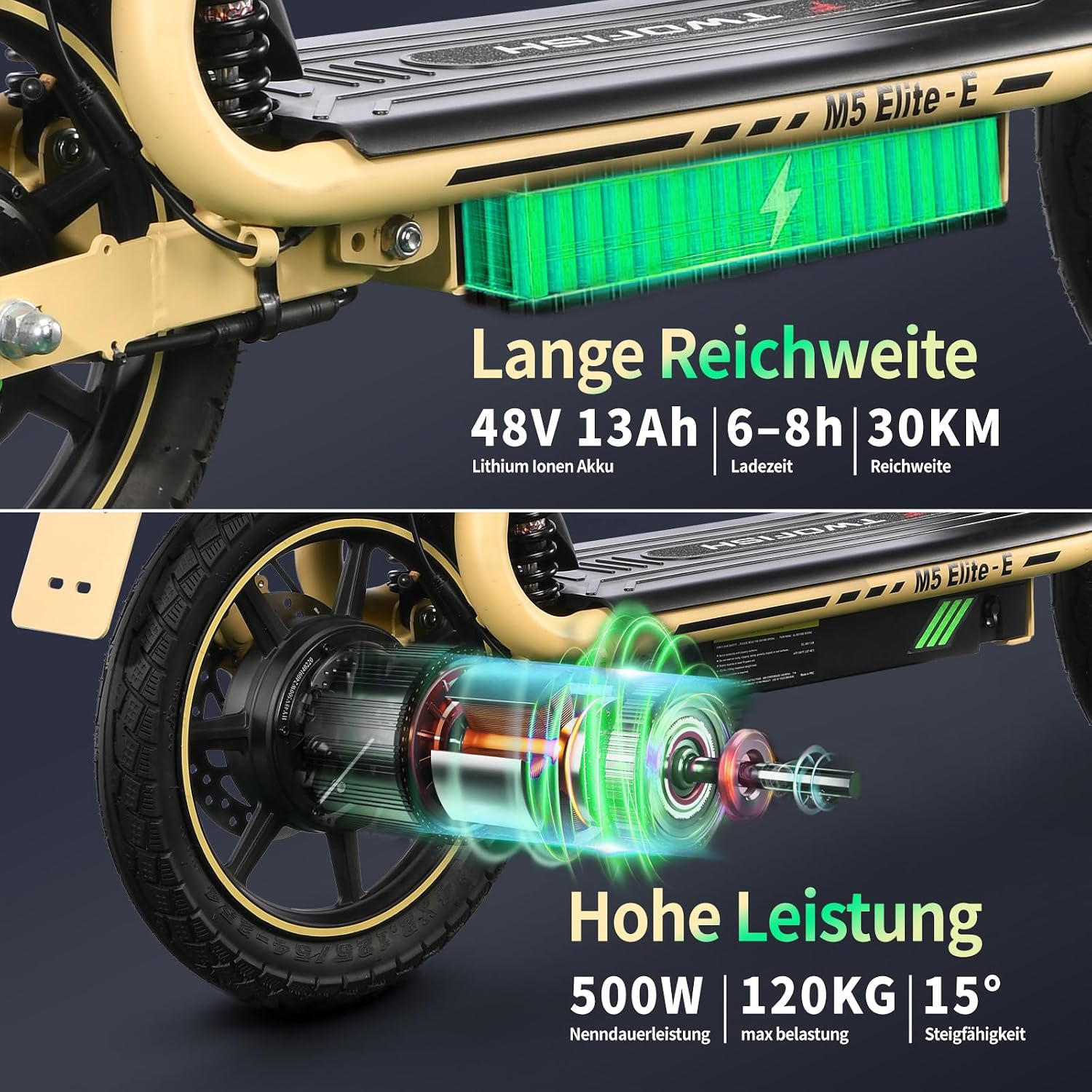 TWOFISH M5 Elite E-Scooter mit Straßenzulassung für Erwachsene, 14 Zoll E Roller 500W Motor mit 48V 13Ah Akku, Doppelfederung E Roller, EEC Zertifiziert, IPX4, 30 km Reichweite