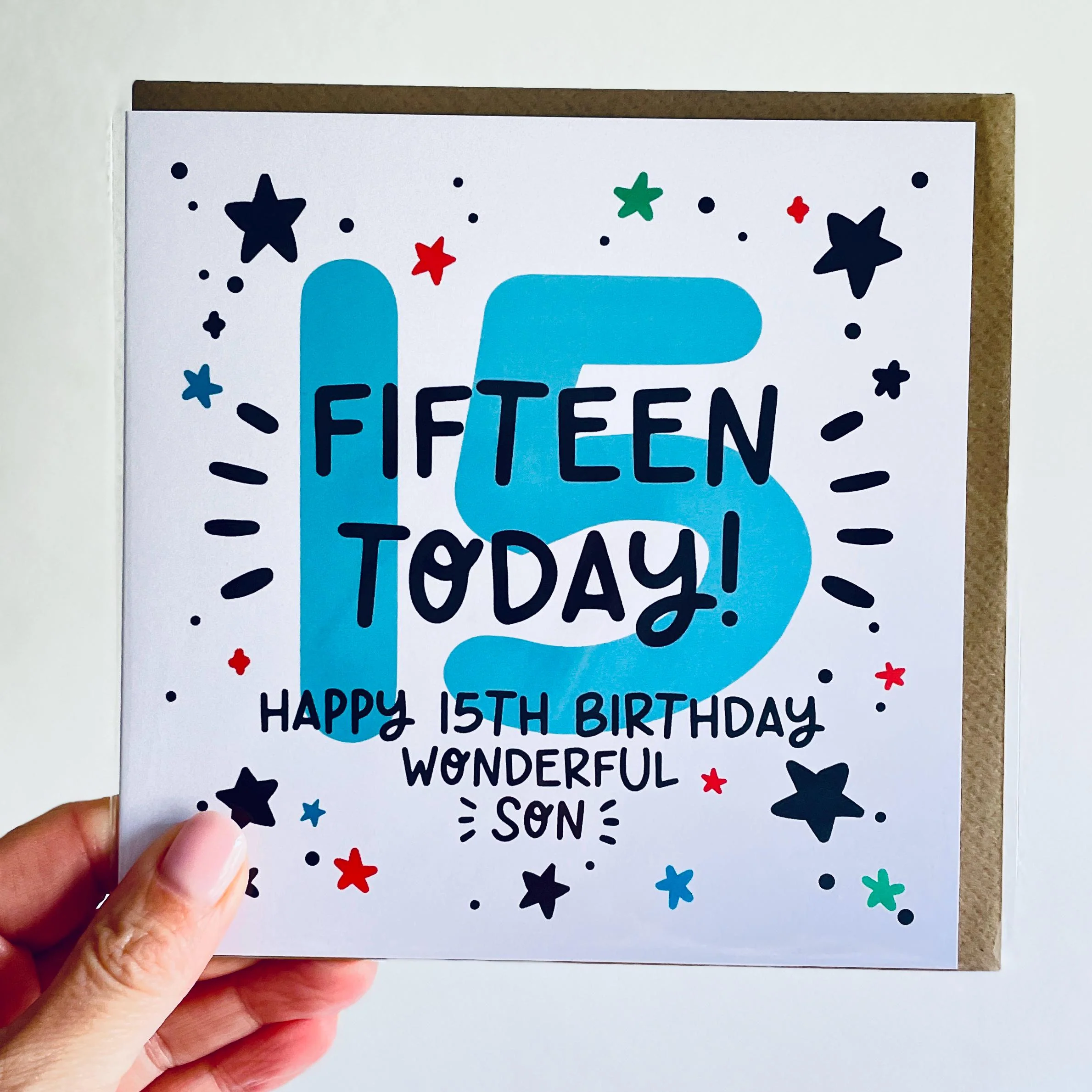 Son 15th Birthday Card: 15, Fifteen Today with Stars and Kraft Envelope